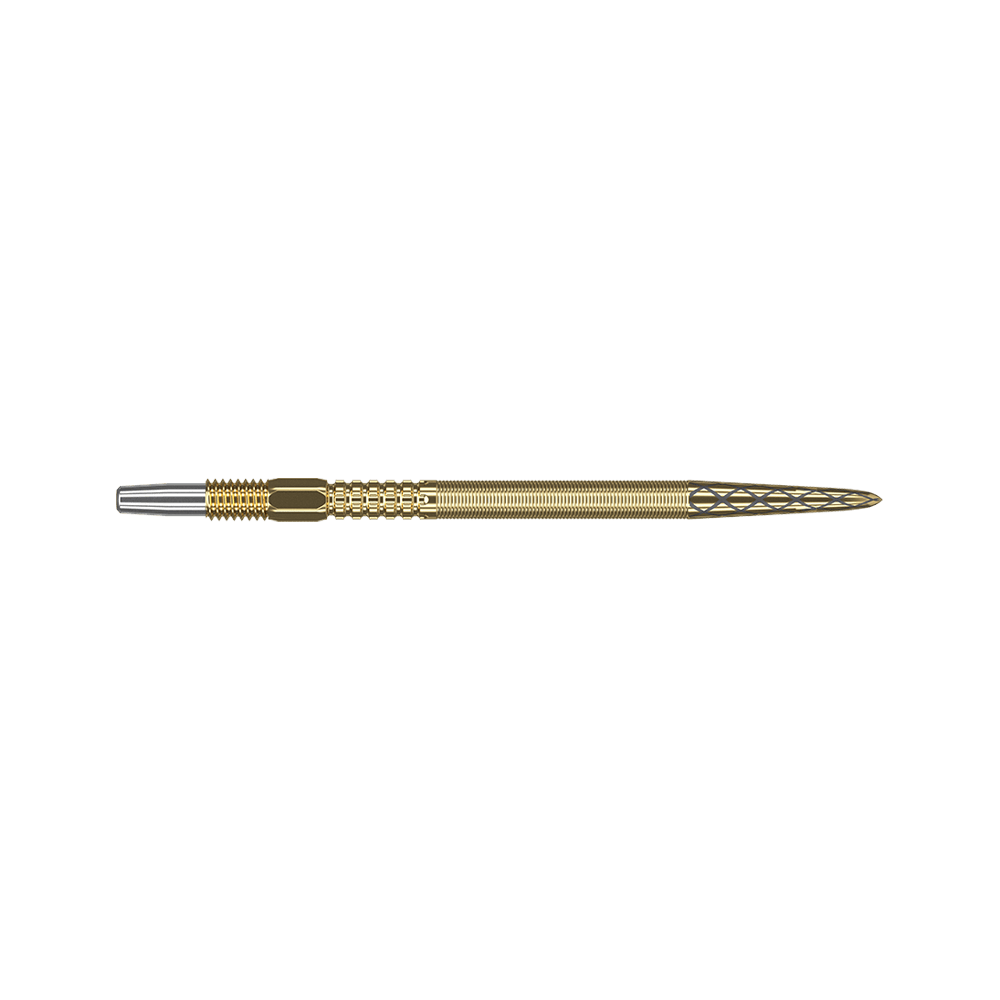 340051_Target_Swiss_Point_DX_Gold_Dartspitzen_35mm_2 Dies ist eine goldfarbene Dartspitze mit feinen Rillen und Mustern. Sie hat eine lange, schlanke Form und misst 35 mm.