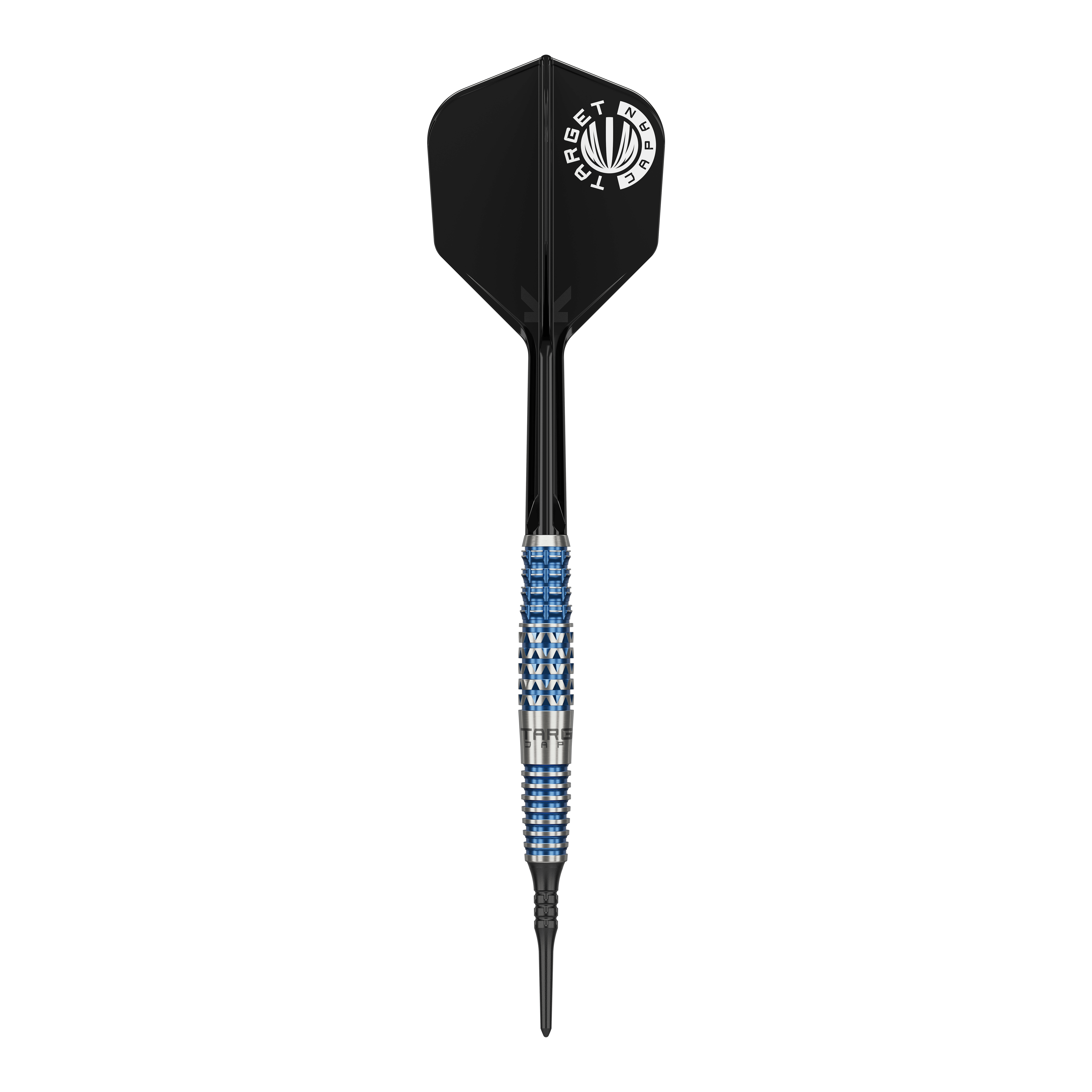 Target Japan Toru Suzuki Sereno GEN2 Softdarts - 20g Das Bild zeigt einen Softdart der Marke Target Japan, Modell Toru Suzuki Sereno GEN2 mit 20g Gewicht. Der Dart hat ein auffälliges Design mit einem schwarz-blauen Griff und schwarzer Flight mit weißem Logo.