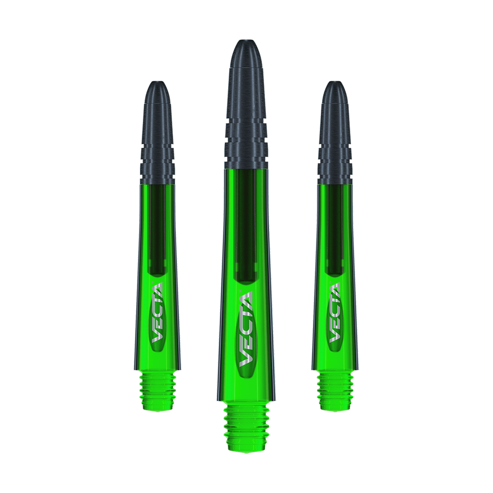 Auf dem Bild sind drei grüne Dartschäfte mit schwarzer Spitze zu sehen. Auf jedem Schaft steht das Wort „VECTA“.