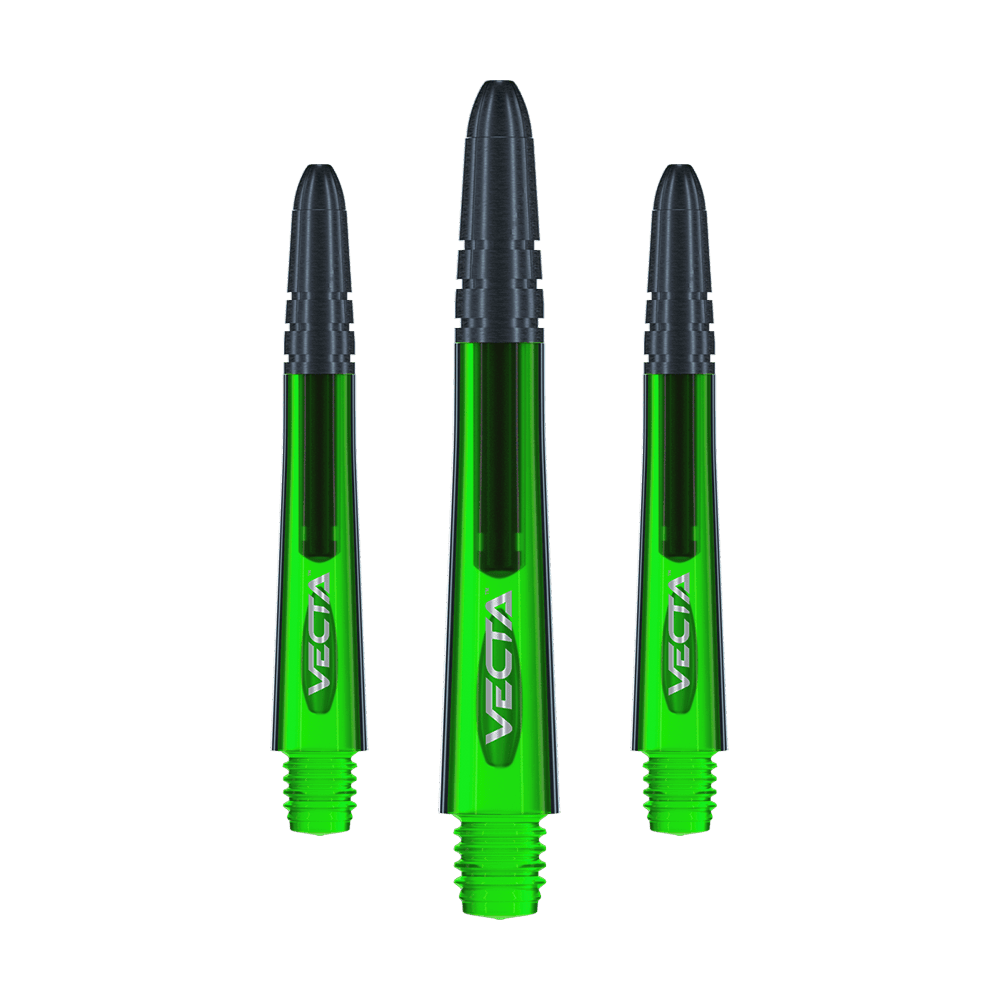 7025-404_Winmau_Vecta_Shafts_Gr-n_37mm_1 Auf dem Bild sind drei grüne Dartschäfte mit schwarzer Spitze zu sehen. Auf jedem Schaft steht das Wort „VECTA“.