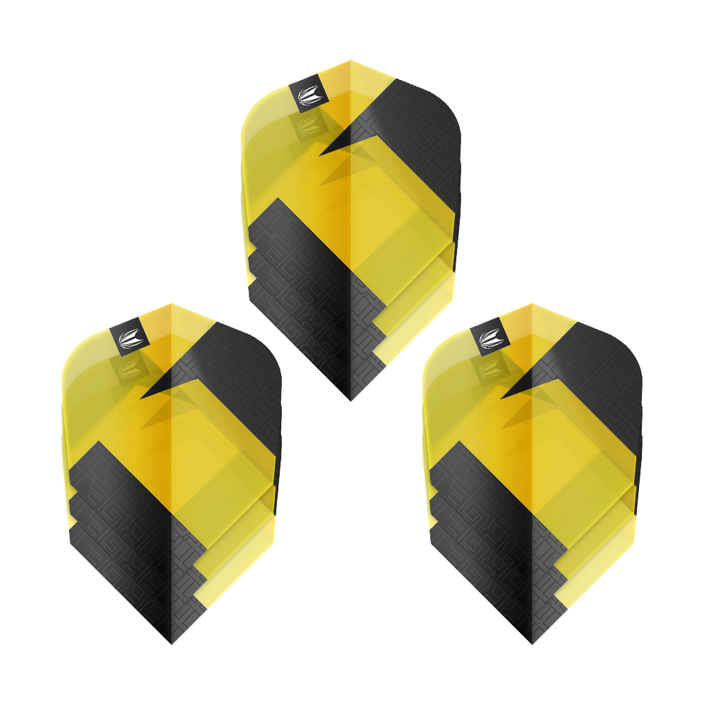 Target Pro Ultra TAG Gelb Ten-X Standard Flights - 3 Sets Das Bild zeigt drei gelb-schwarze Dart-Flights des Produkts "Target Pro Ultra TAG Gelb Ten-X Standard Flights". Die Flights haben ein modernes, geometrisches Design und werden als 3er-Set angeboten.