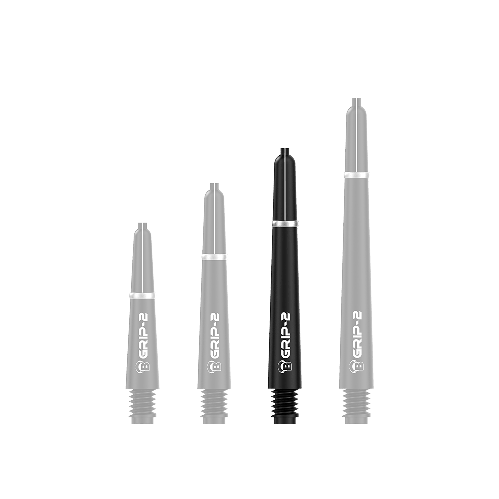 BS55061_Bulls_B-Grip-2_SL_Shafts_Schwarz_41mm_13y4LOTm7cNoKI Das Bild zeigt vier schwarze Bulls B-Grip-2 SL Shafts in unterschiedlichen Längen. Sie sind nebeneinander aufgereiht und haben jeweils einen weißen Schriftzug.