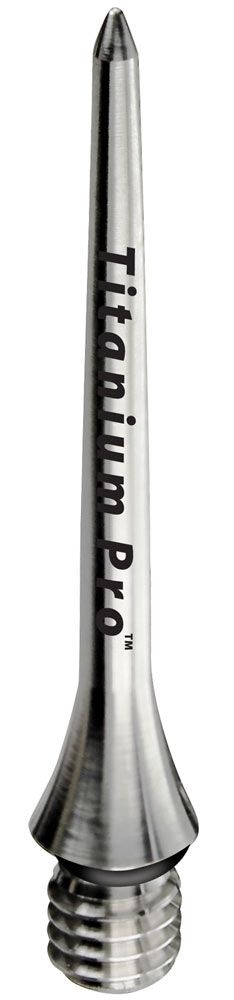 109880_90 Das Bild zeigt die "Target Titanium Conversion Point - Plain", eine Dartspitze aus Titan. Sie ist silberfarben, schmal und hat ein Schraubgewinde am unteren Ende.