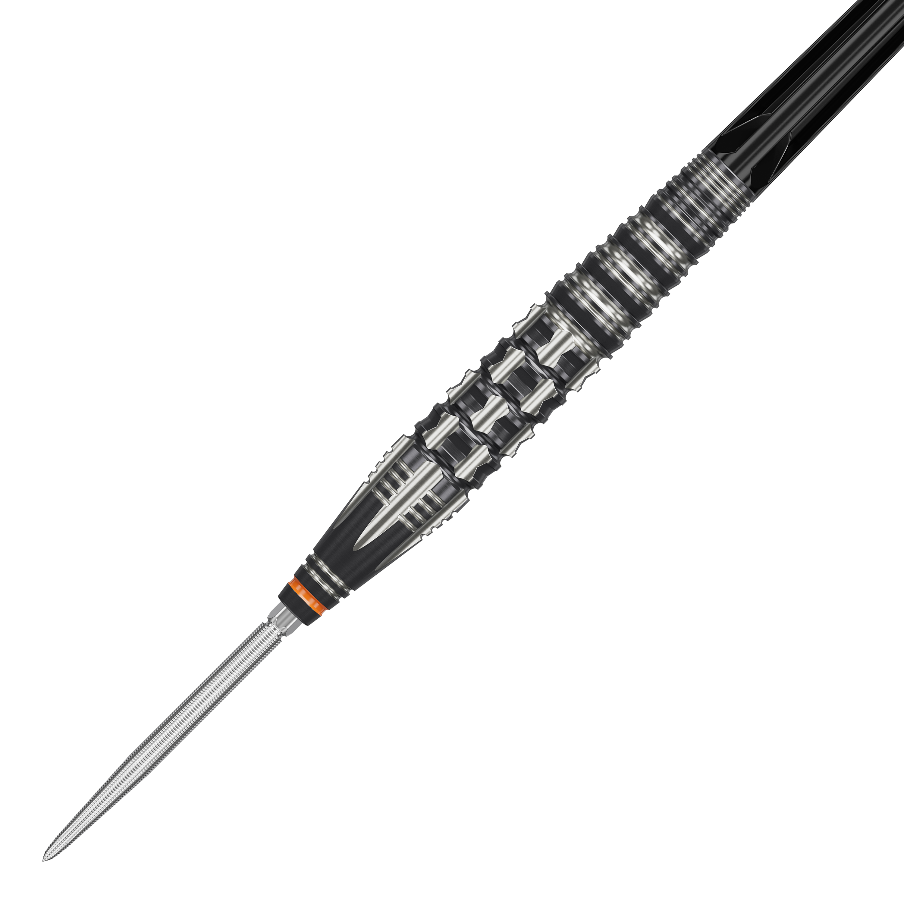 Target Japan Black Marque Dancing Duck GEN 4 Steeldarts Das Bild zeigt einen Target Japan Black Marque Dancing Duck GEN 4 Steeldart. Der Dart hat ein auffälliges, schwarz-silbernes Design mit markanten Rillen für besseren Halt.