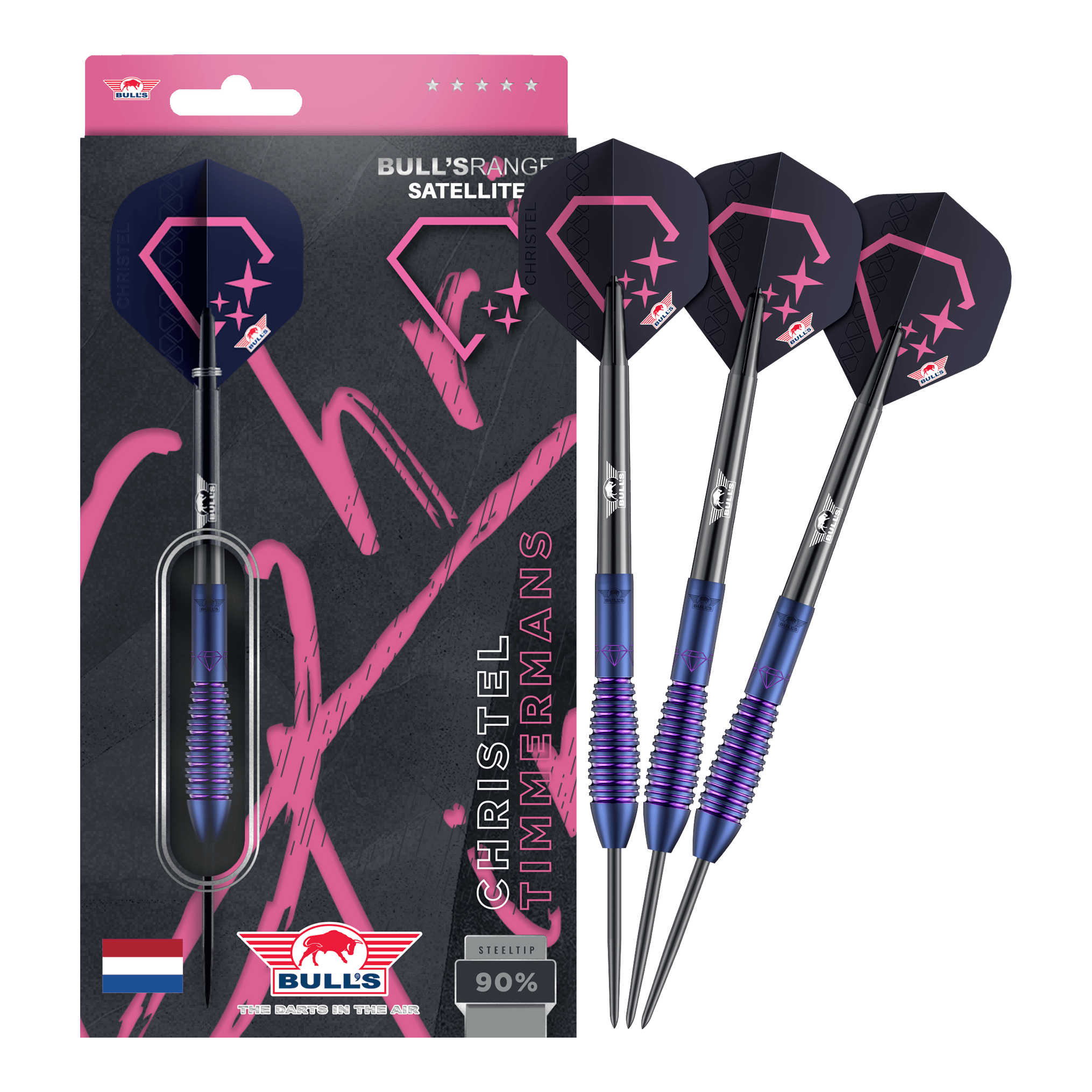 Bulls NL Christel Timmermans Satellite 90 Steeldarts 25g Dieses Bild zeigt die Bulls NL Christel Timmermans Satellite 90 Steeldarts 25g in voller Ansicht. Sie sind ideal für das professionelle Dartspiel geeignet.