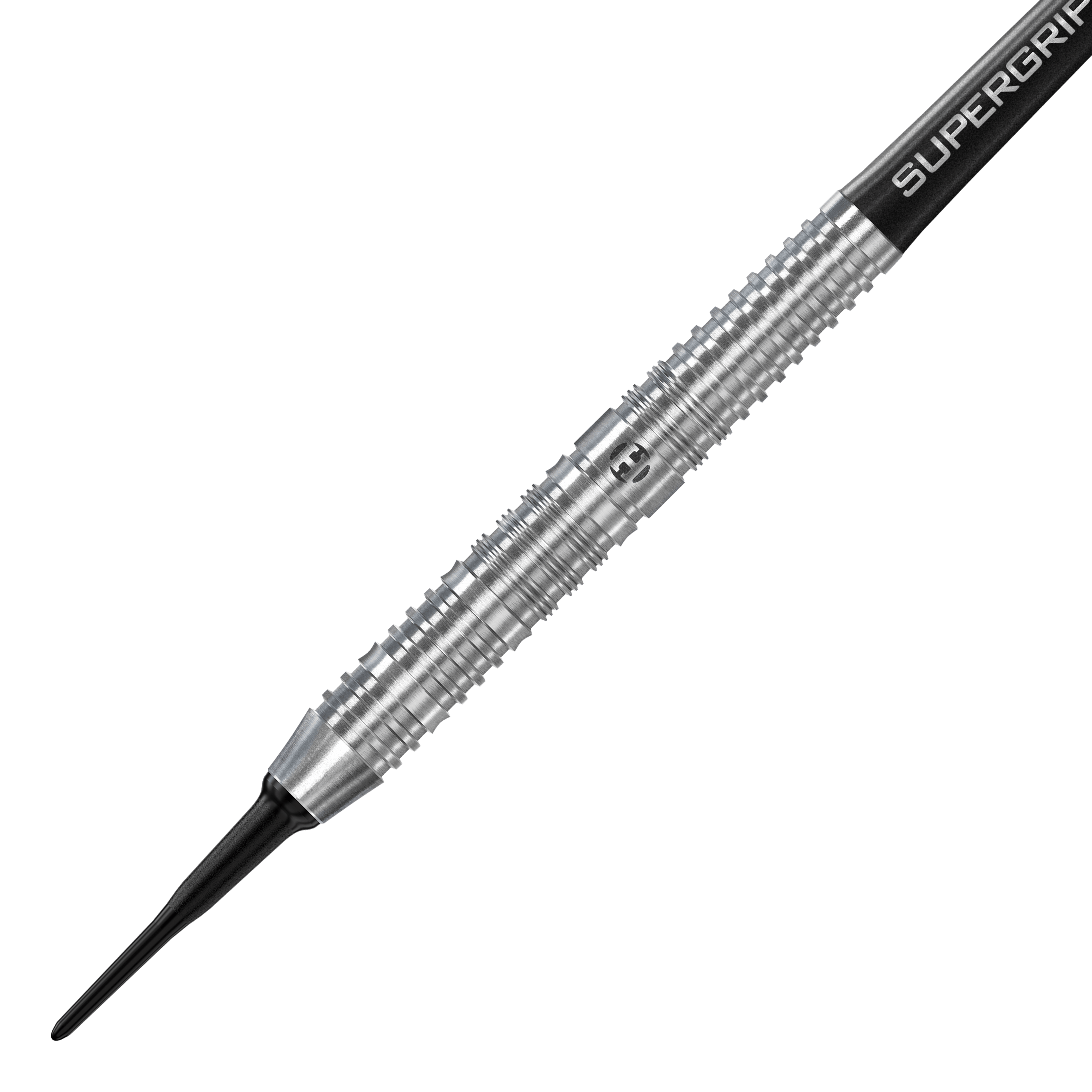 Das Bild zeigt einen Harrows NX90 Parallel Softdart mit silbernem, geriffelten Barrel. Die Spitze ist schwarz und der Schaft trägt die Aufschrift "SUPERGRIP".