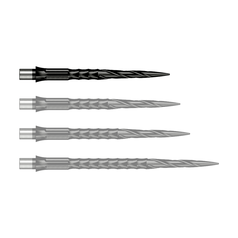 Caliburn System Steeldartspitzen - Spiro - No Lip - Black Das Foto zeigt Caliburn Evo System Steeldartspitzen Spiro NoLip Black in 28 mm Länge. Diese Dartspitzen sind in Schwarz gehalten und besonders langlebig.