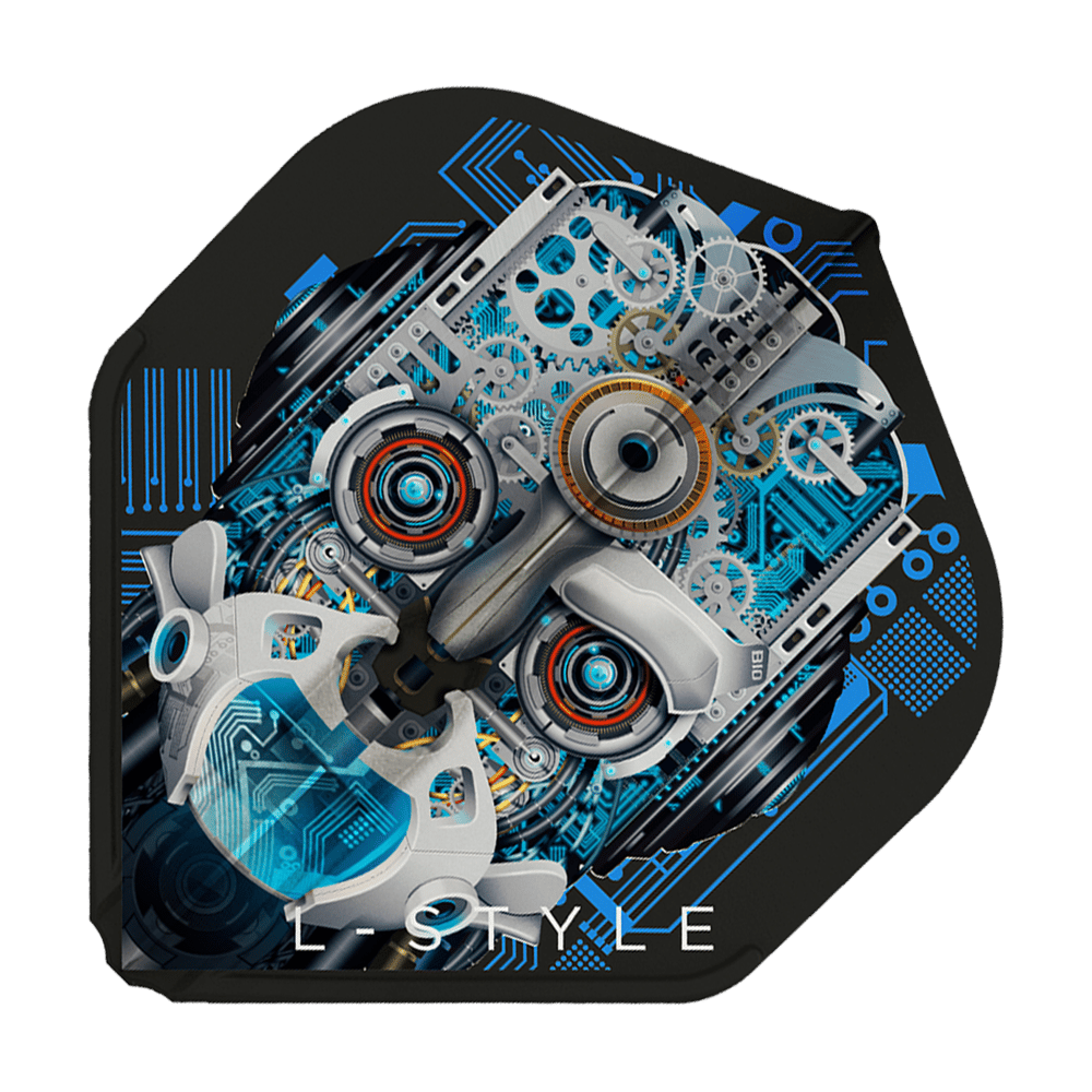 Das Bild zeigt das Produkt "L-Style Berry Van Peer V3 Black L1EZ Flights". Auf dem Flight ist ein grafisches, technisches Robotergesicht mit Zahnrädern und blauen Schaltkreisen abgebildet.
