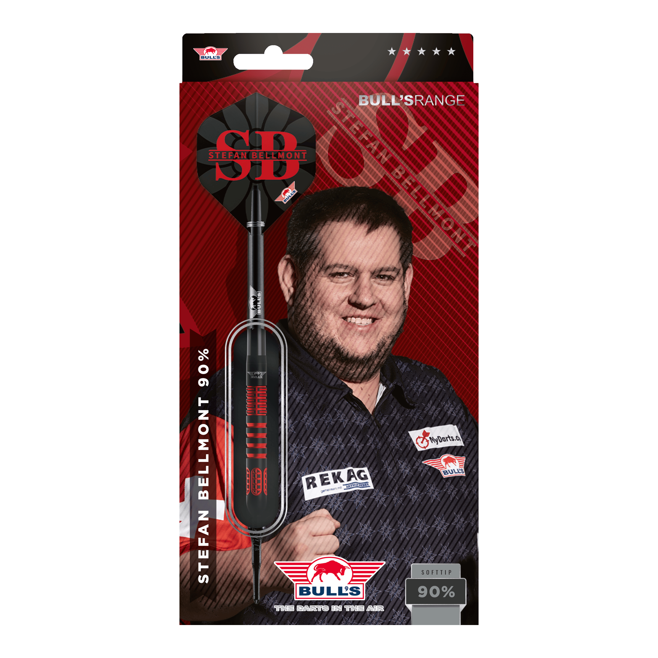 Die Bulls NL Stefan Bellmont 90 Softdarts - 20g sind abgebildet. Es handelt sich um hochwertige Softdarts für anspruchsvolle Spieler.
