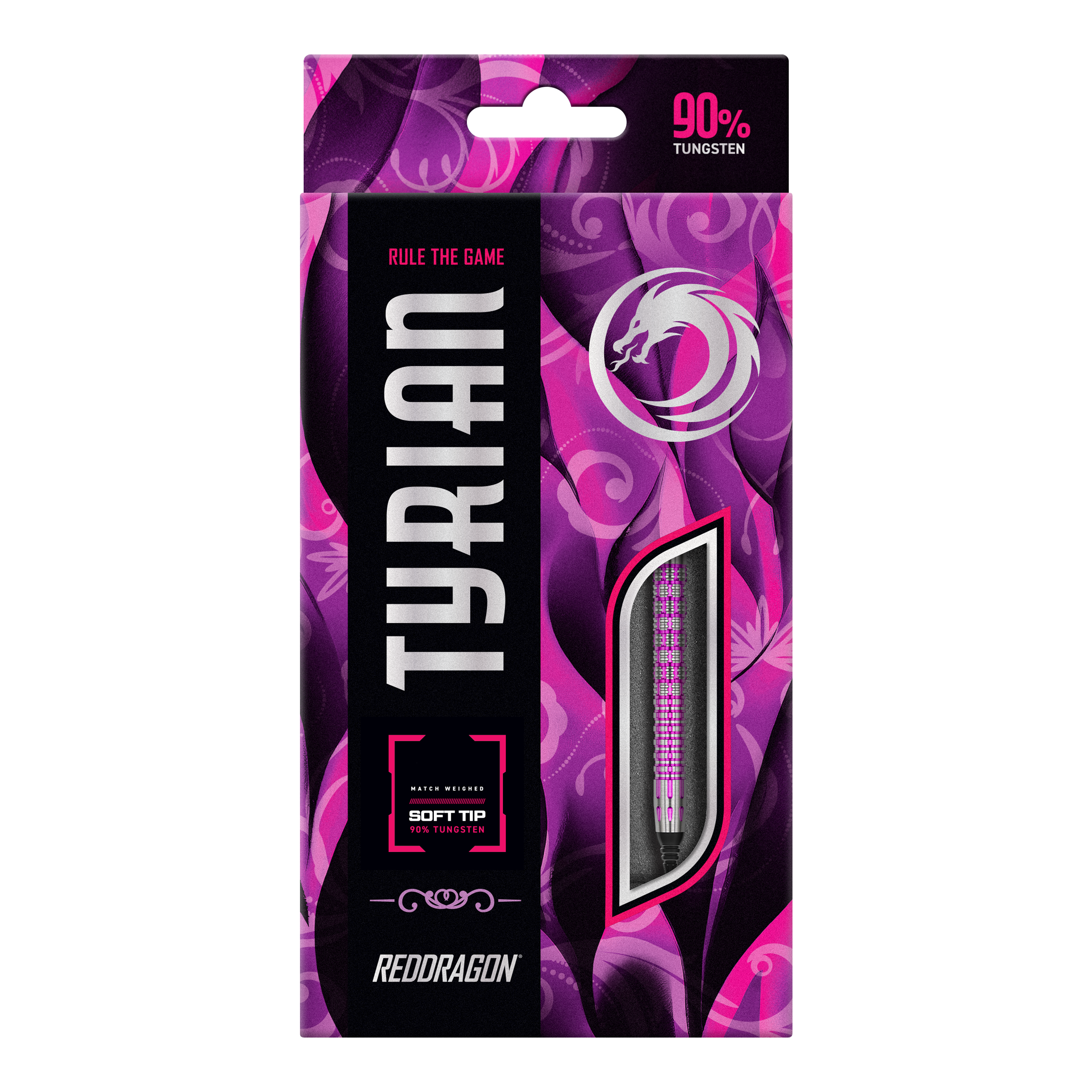 Red Dragon Tyrian Softdarts - 22g Die Abbildung zeigt die Verpackung der "Red Dragon Tyrian Softdarts - 22g". Die Schachtel ist lila und pink gestaltet und hebt hervor, dass die Darts zu 90 % aus Wolfram bestehen.