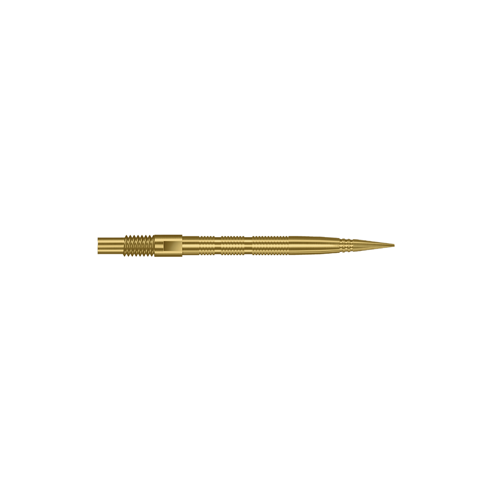 Das Bild zeigt goldene MicroRidge Dartspitzen in 26 mm Länge. Die Dartspitzen gehören wahrscheinlich zur Quick Point Serie von Harrows.