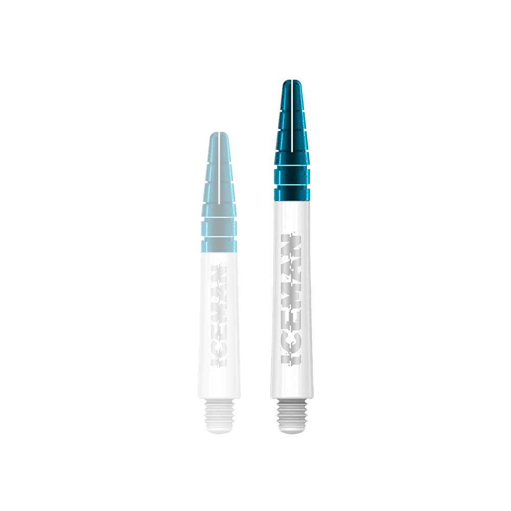 C635_Red_Dragon_Nitrotech_Gerwyn_Price_Shafts_White_42mm_1E8mrUYUjKnwDs Das Bild zeigt zwei weiße Dartschäfte mit blauen Spitzen. Auf den Schäften steht das Wort "ICEMAN" in silberner Schrift.