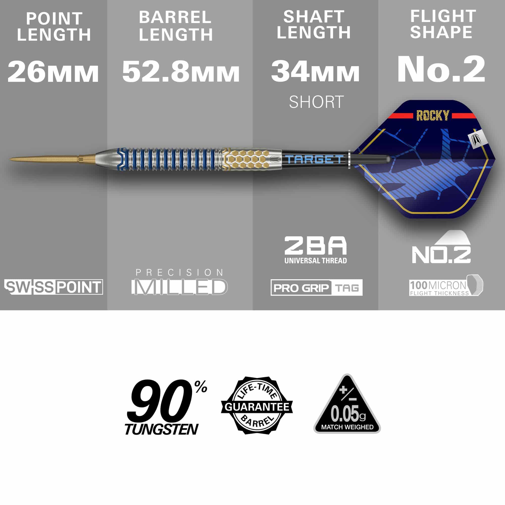 Target Josh Rock GEN1 Swiss Point Steeldarts Das Bild zeigt den Target Josh Rock GEN1 Swiss Point Steeldart mit verschiedenen technischen Daten. Der Dart besteht zu 90 % aus Tungsten und hat eine lebenslange Garantie auf das Barrel.