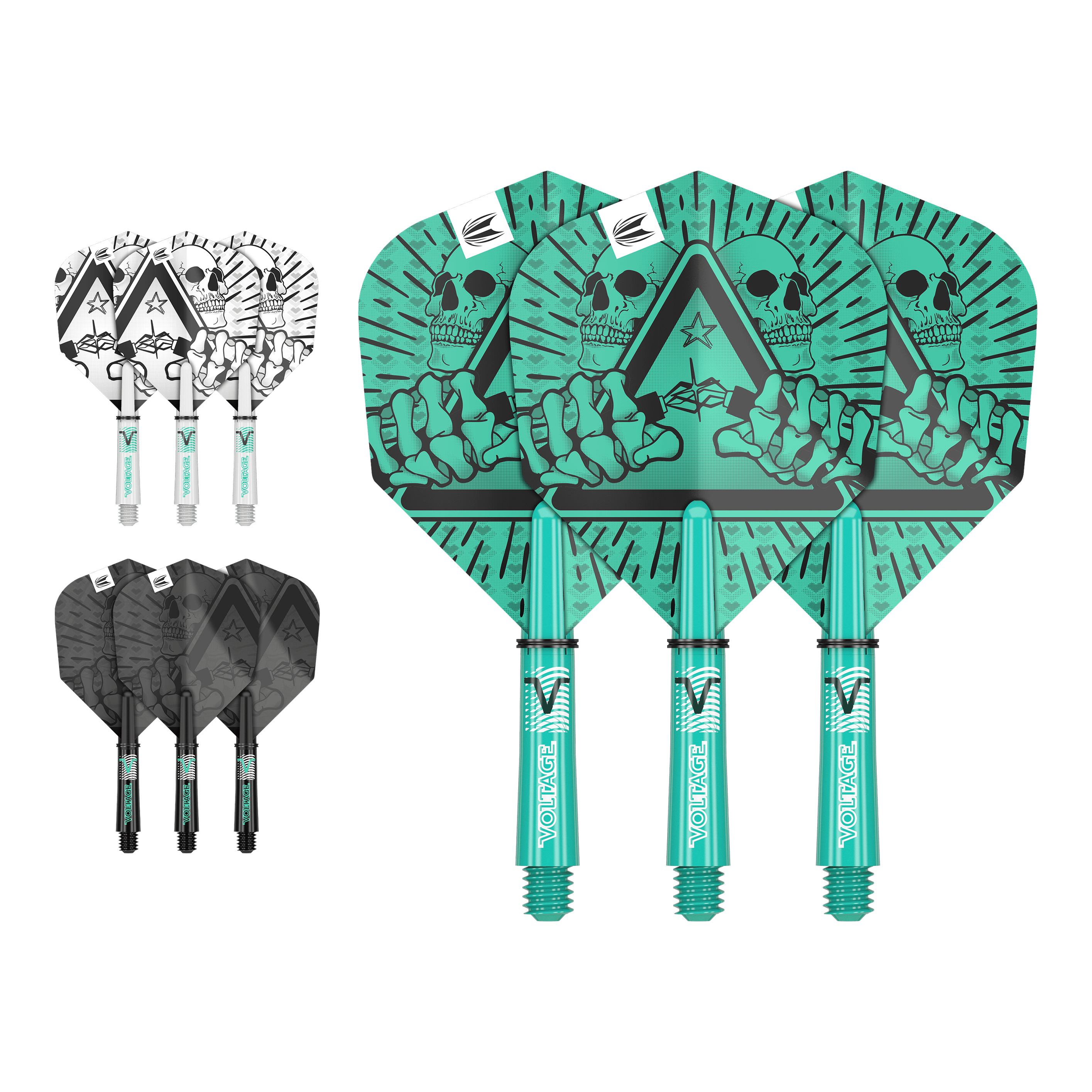 Das Bild zeigt drei Sets von Dartflights und Schäften in verschiedenen Farben: Grün, Weiß und Schwarz. Auf den Flights ist ein Design mit einem Totenkopf, Stern und einer knöchernen Hand zu sehen.
