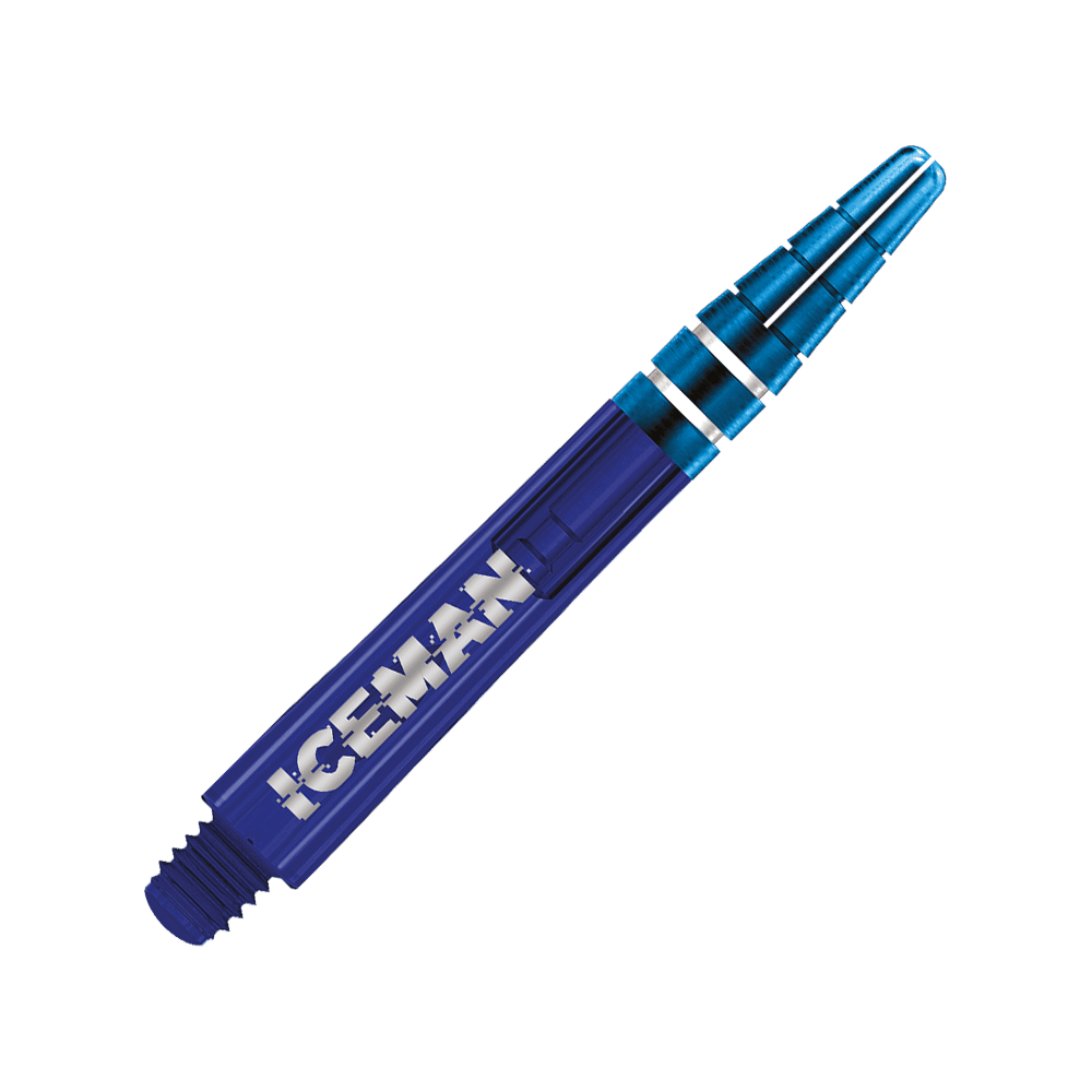 Das Bild zeigt einen blauen Dart-Schaft mit der Aufschrift „ICEMAN“. Der Hintergrund besteht aus diagonalen blauen und violetten Linien.