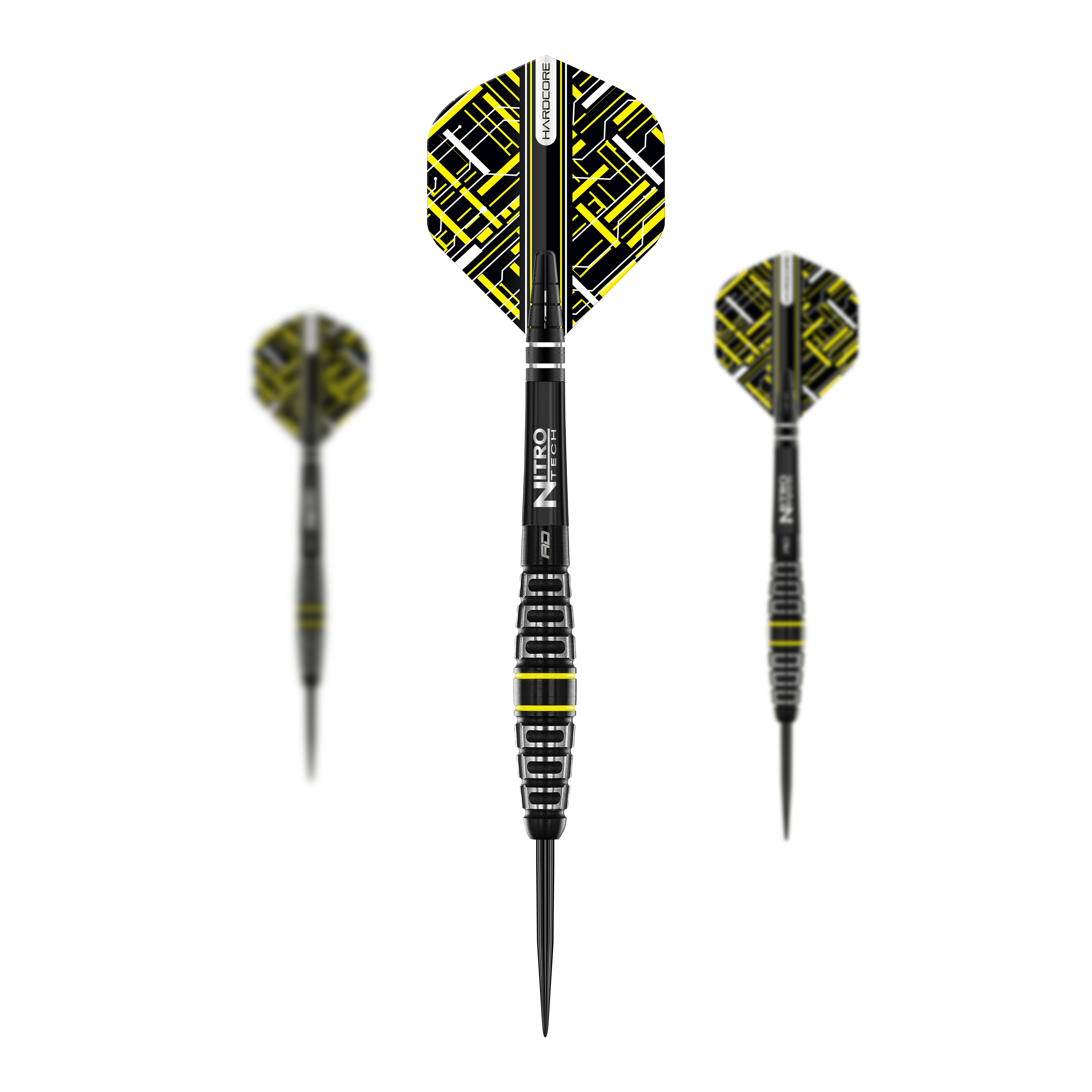 Das Bild zeigt drei Steeldarts des Modells "Red Dragon Astraeus Q4X Torpedo". Die Darts sind schwarz mit gelben Akzenten und haben auffällig gemusterte Flights.