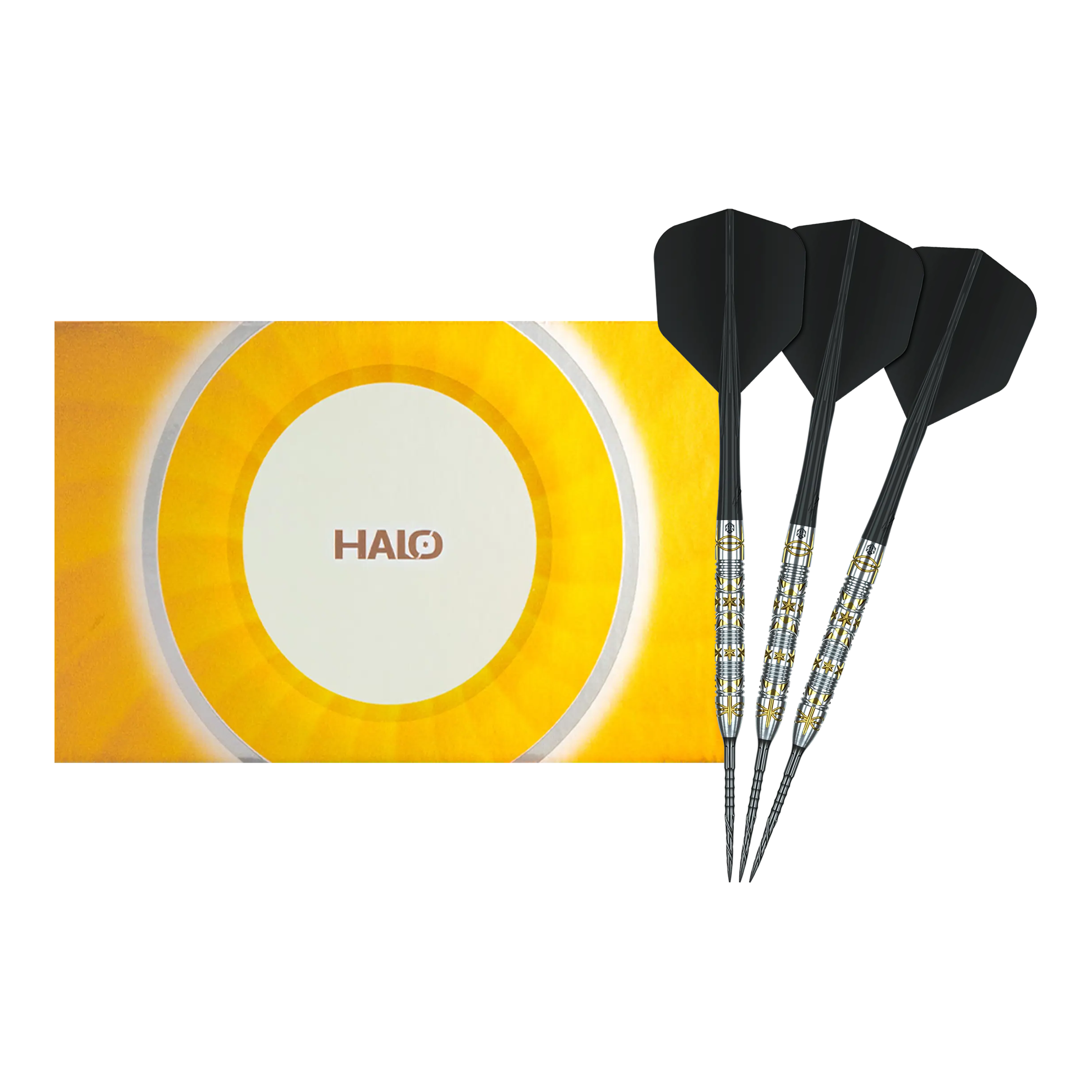 Gezeigt wird ein vollständiges Set der Caliburn Halo H1 Steeldarts - 22,5 g. Die hochwertigen Pfeile sind ideal für den Dartsport.