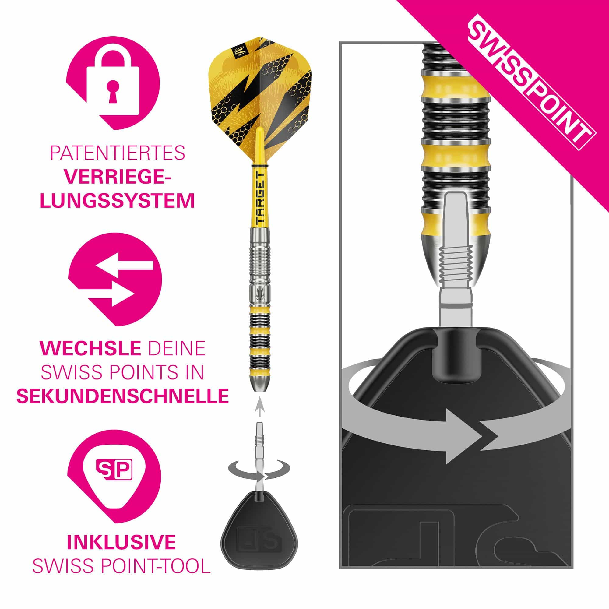 Zu sehen sind Target Buzz 01 Swiss Points Steeldarts. Diese Steeldarts sind ideal für den Dartsport geeignet.