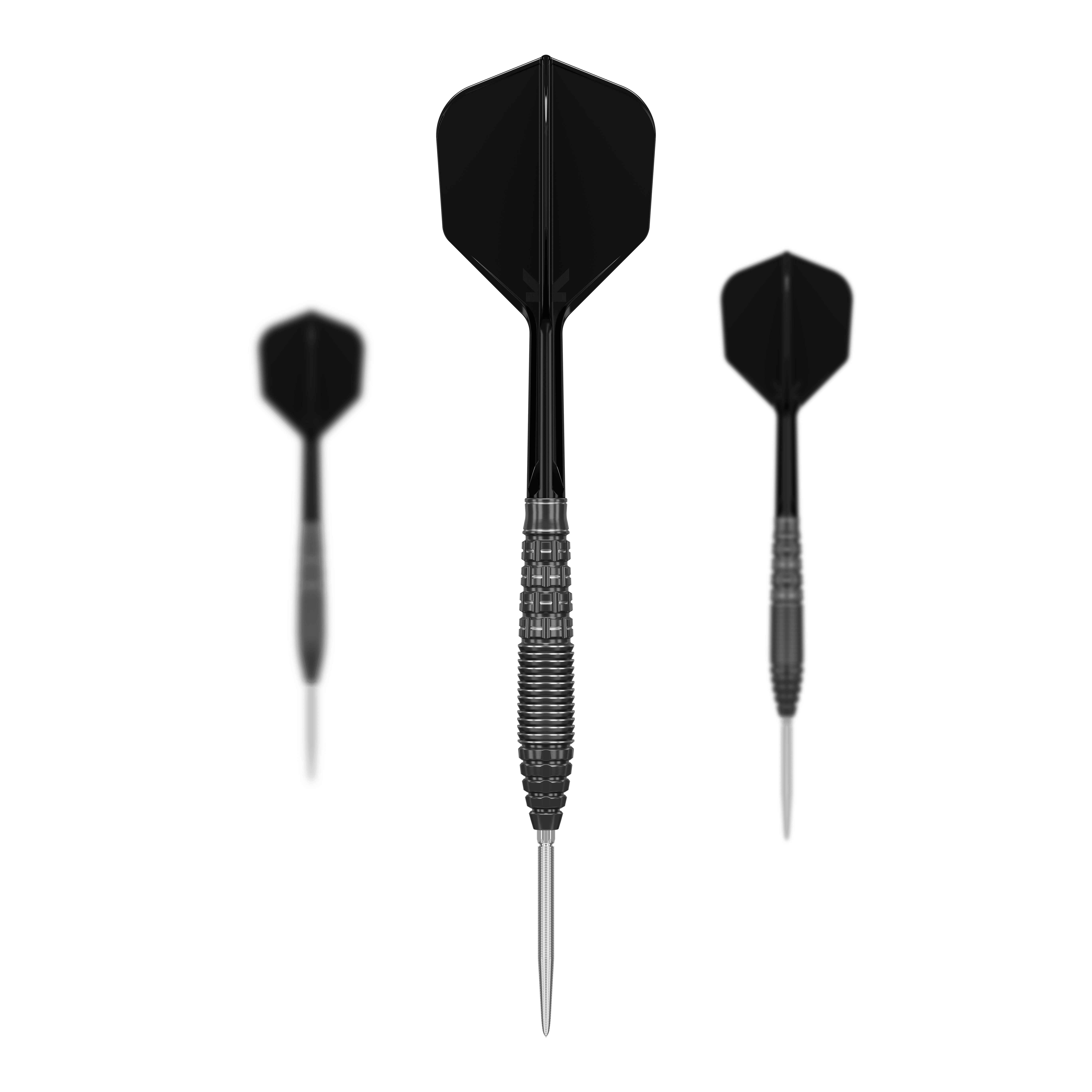 Das Bild zeigt drei schwarze Steeldarts mit silbernen Spitzen, die von vorne dargestellt sind. Es handelt sich um das Produkt "Target Japan Black Marque Phantom Swiss Point Steeldarts".