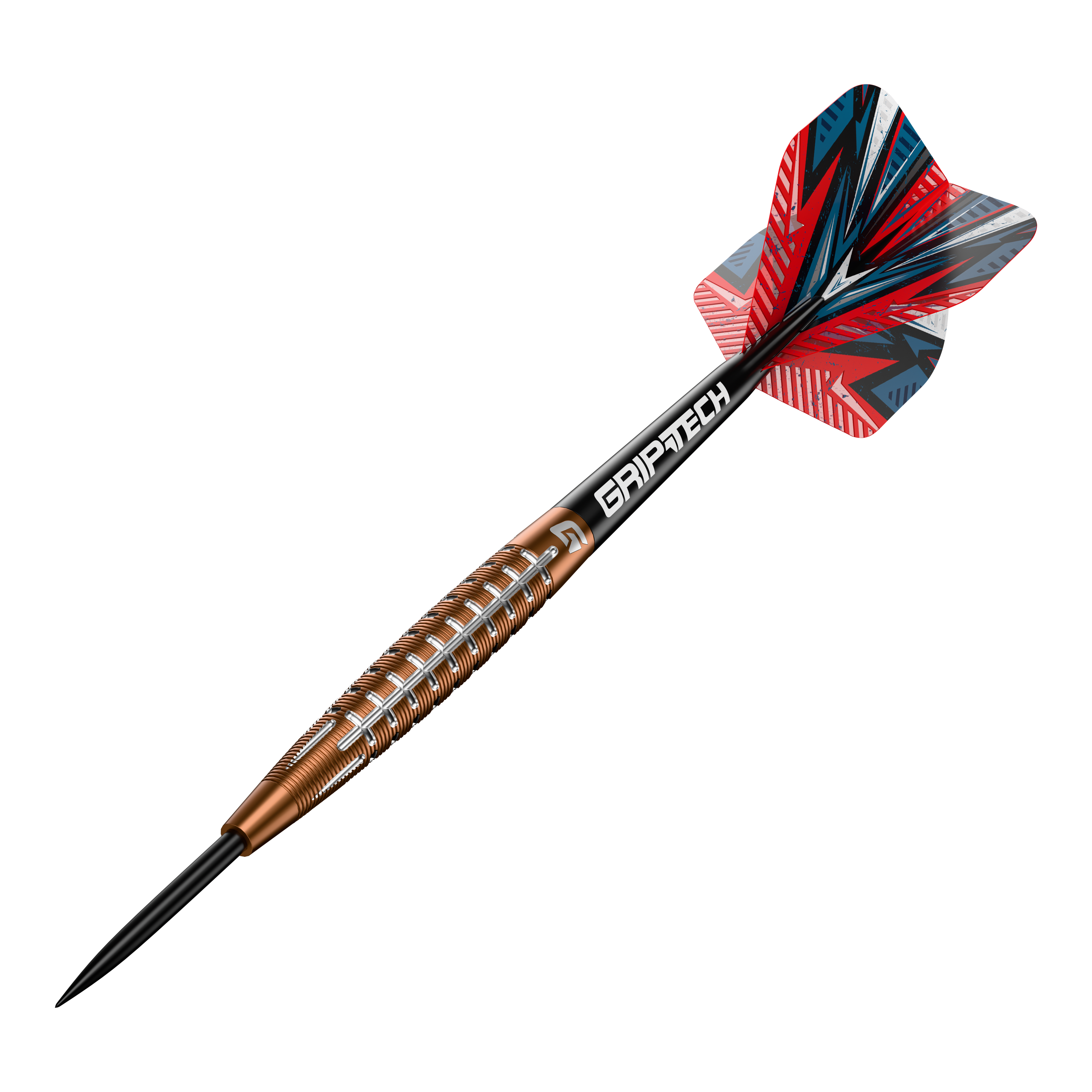 GOAT Quarterback V1 Tungsten Steeldarts Das Bild zeigt einen GOAT Quarterback V1 Tungsten Steeldart. Der Dartpfeil hat ein auffälliges Design mit einer rot-blauen Flight und einem goldenen Griff mit silbernen Rillen.