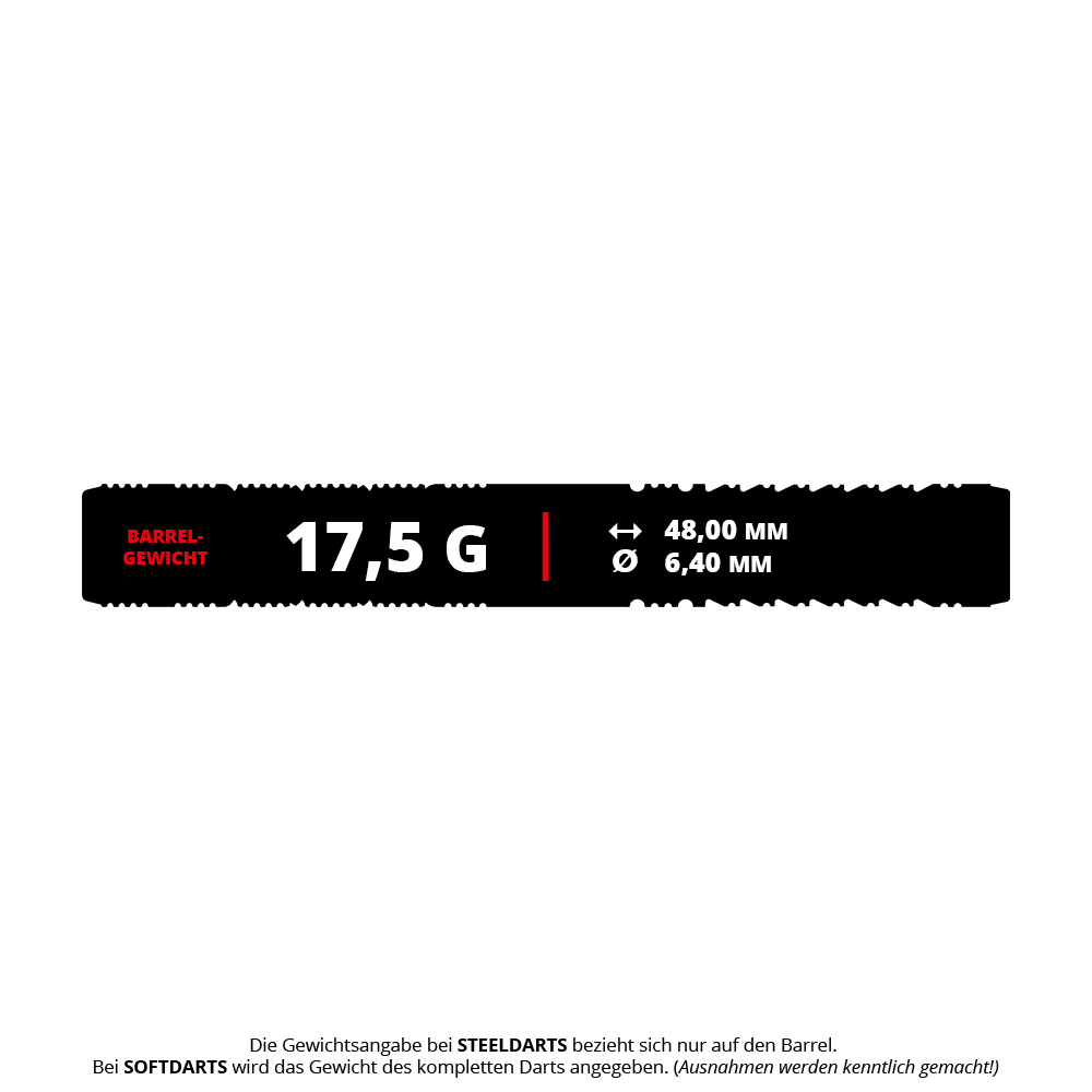 Das Bild zeigt die Produktspezifikationen der Target Japan Black Marque Reyn GEN2 Softdarts mit einem Gewicht von 17,5 Gramm. Die Barrel-Länge beträgt 48,00 mm und der Durchmesser 6,40 mm.