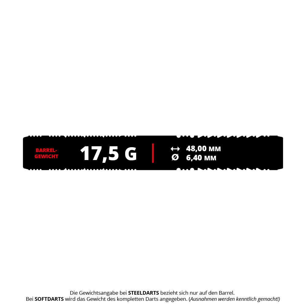 Target Japan Black Marque Reyn GEN2 Softdarts - 17,5g Das Bild zeigt die Produktspezifikationen der Target Japan Black Marque Reyn GEN2 Softdarts mit einem Gewicht von 17,5 Gramm. Die Barrel-Länge beträgt 48,00 mm und der Durchmesser 6,40 mm.