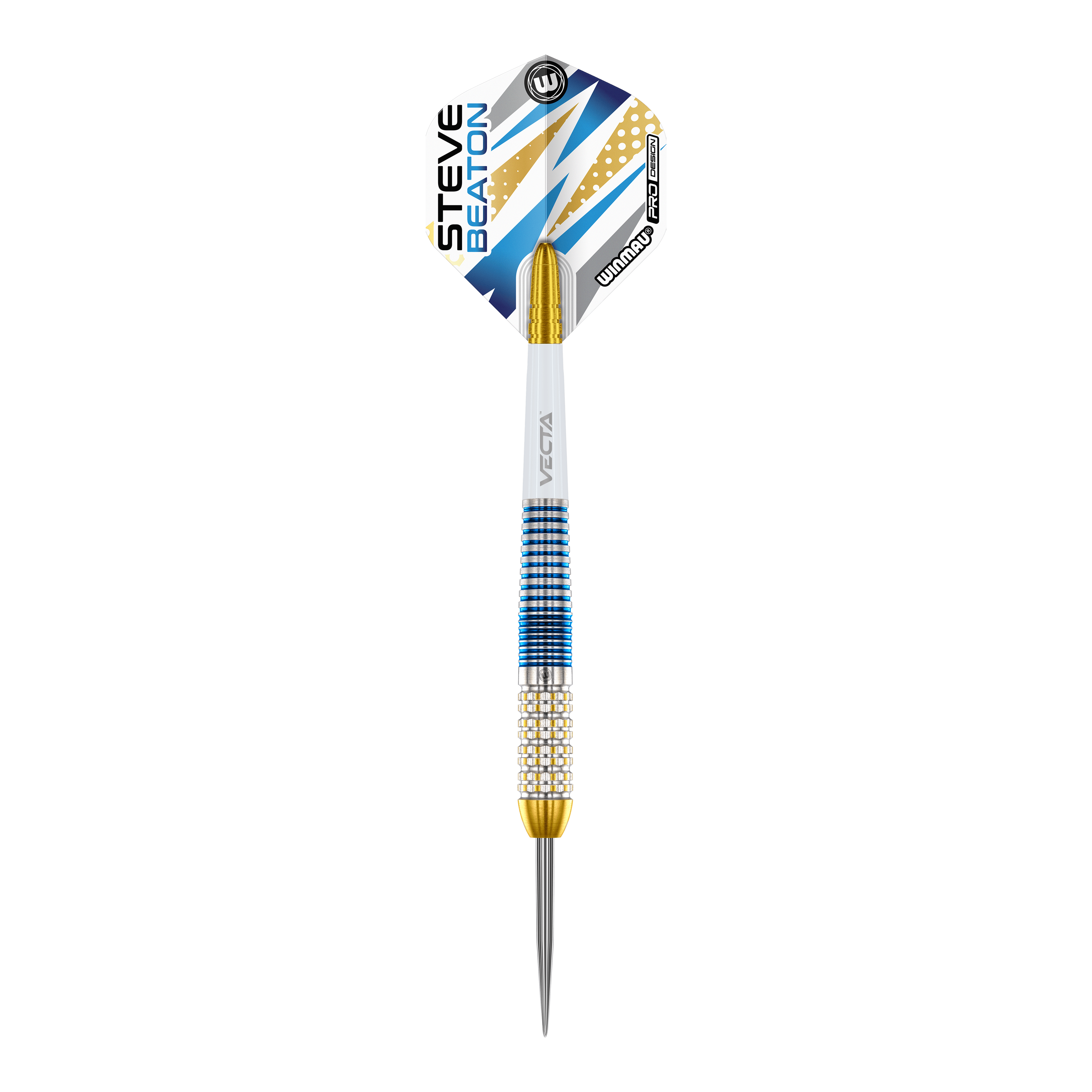 Winmau Steve Beaton Legend Series Steeldarts Das Bild zeigt einen Winmau Steve Beaton Legend Series Steeldart. Der Dart ist blau, gold und weiß gestaltet und hat den Namen "Steve Beaton" auf dem Flight.
