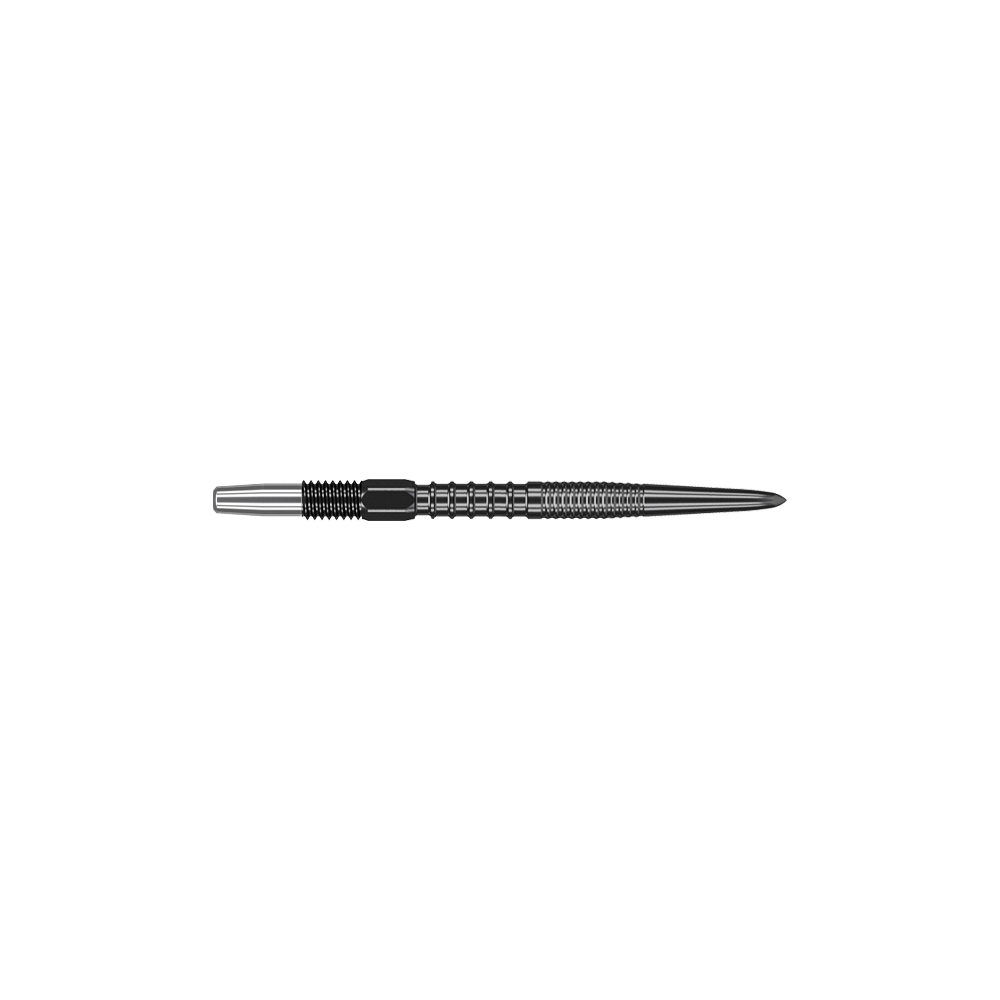 Target Swiss Firepoint Black Dartspitzen Das Bild zeigt eine schwarze Dartspitze mit geriffeltem Griff. Sie ist schlank und weist eine Länge von etwa 26 mm auf.