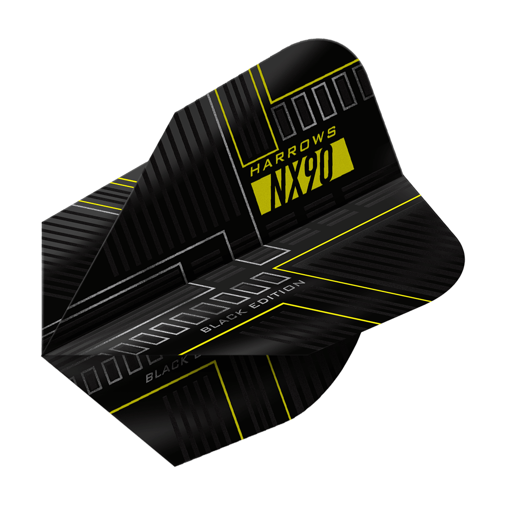 Harrows NX90 Black-Edition No6 Flights Das Bild zeigt das Produkt "Harrows NX90 Black-Edition No6 Flights". Das Flight ist überwiegend schwarz mit gelben und grauen Akzenten und moderner Grafik.