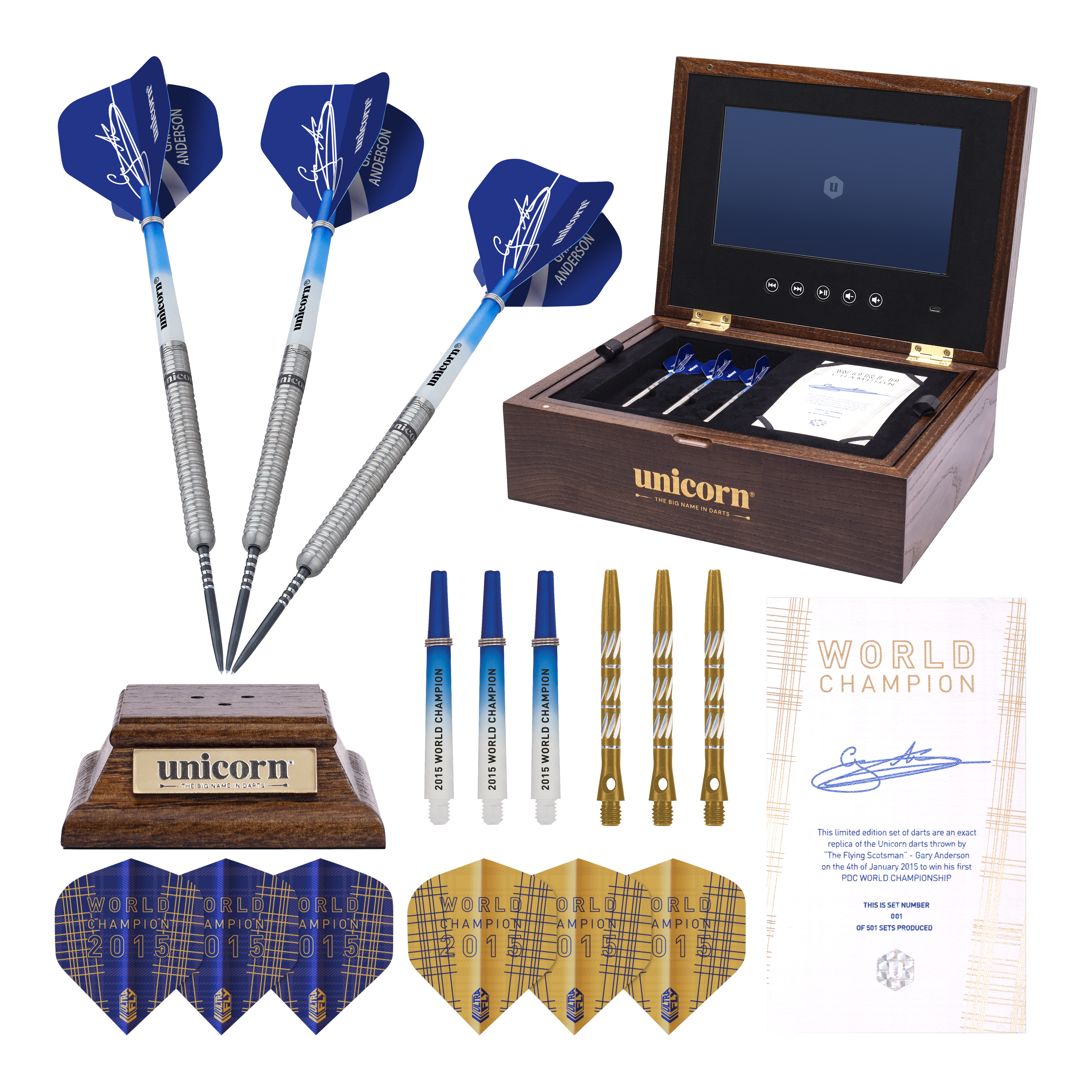 Das Bild zeigt das Unicorn Gary Anderson 10 Year Commemoration Limited Edition Set für Steeldarts mit 23g. Im Set sind drei Darts, Ersatzteile, ein Echtheitszertifikat und eine hochwertige Aufbewahrungsbox enthalten.