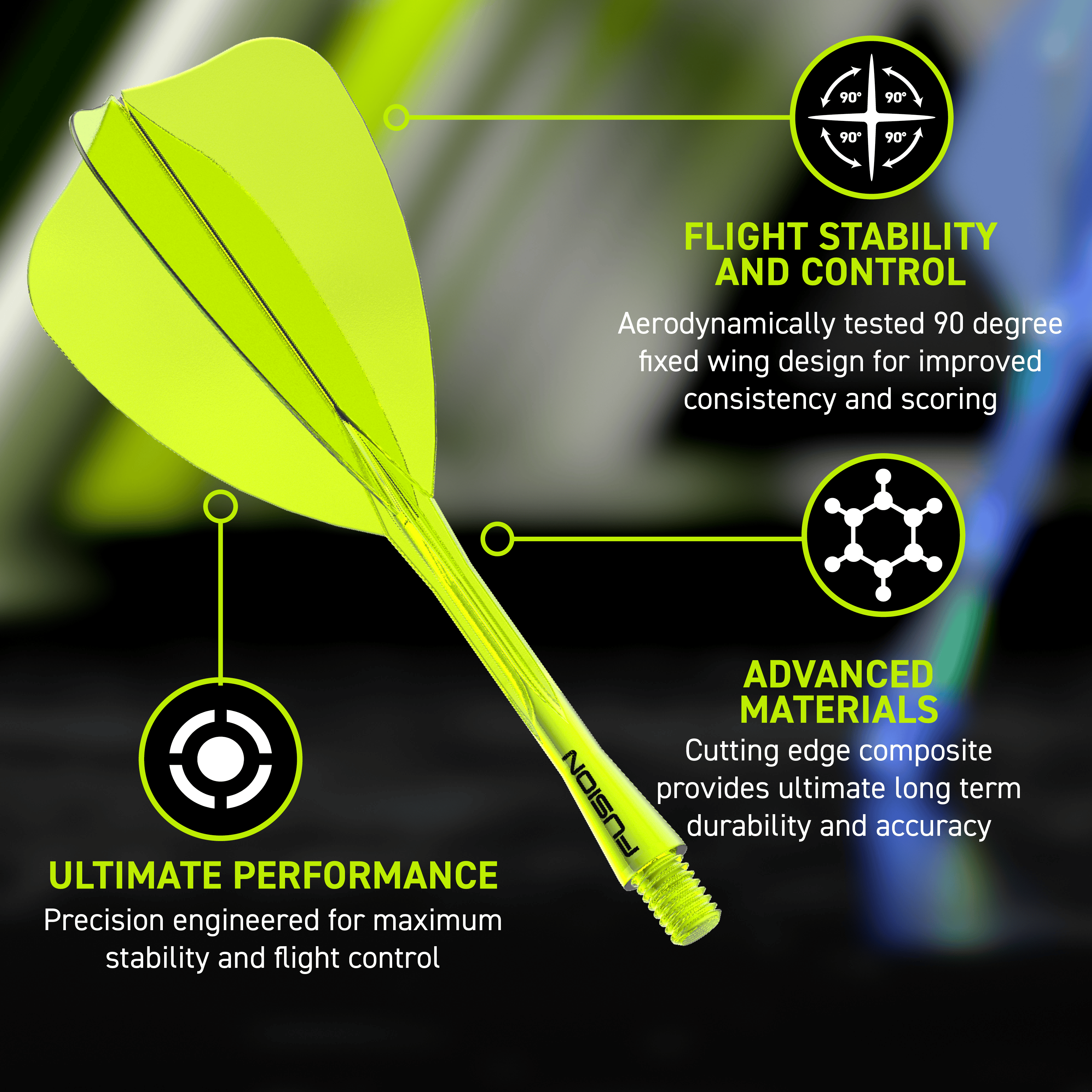 Winmau Fusion Flight-Shaft-System Arrow Neon Yellow Das Bild zeigt das Winmau Fusion Flight-Shaft-System Arrow Neon Yellow. Es handelt sich um einen neon-gelben Flight-Shaft für Darts.