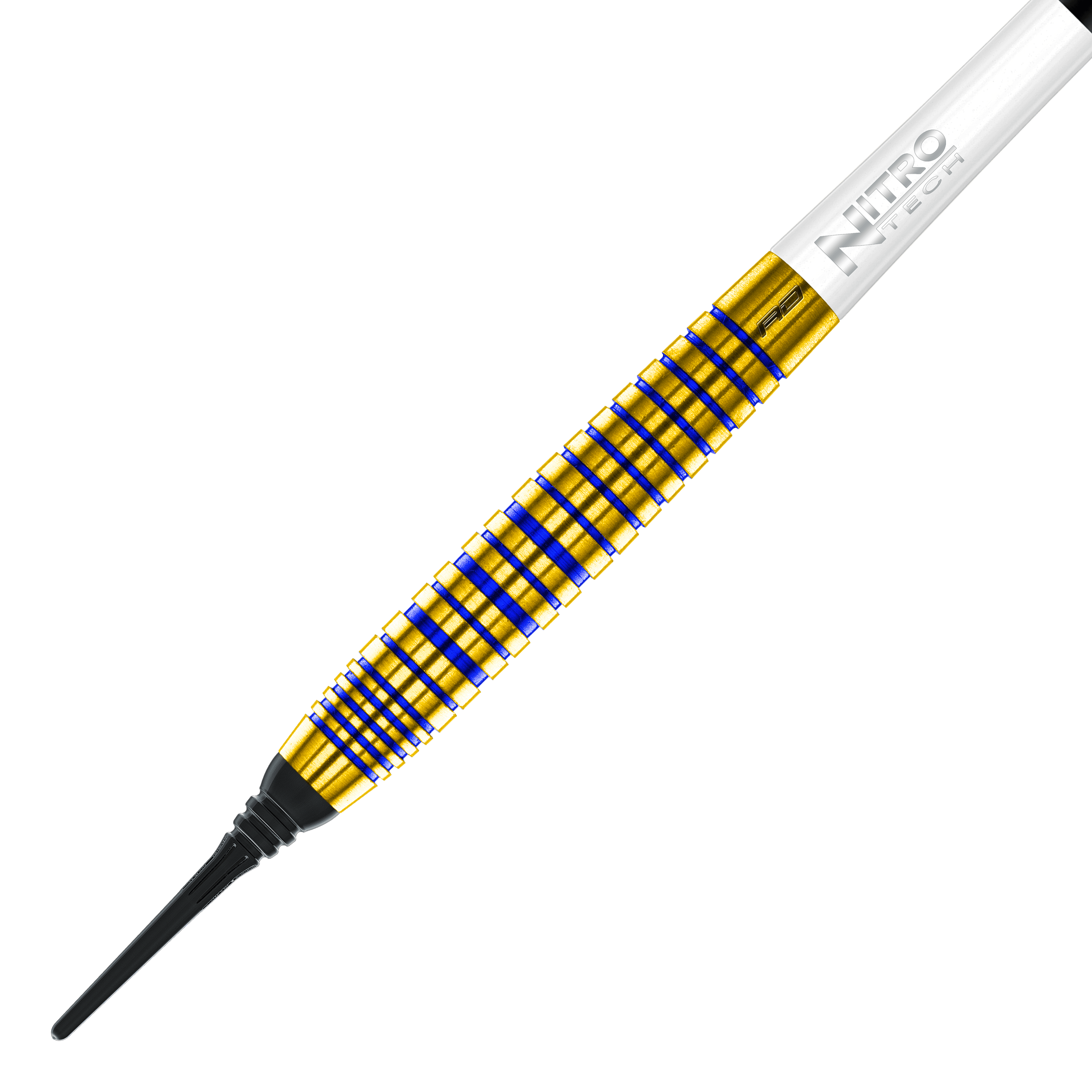 Red Dragon Luke Humphries TX3 Gold SE Softdarts - 20g Das Bild zeigt einen Softdart aus der Serie „Red Dragon Luke Humphries TX3 Gold SE“ mit einem Gewicht von 20 Gramm. Der Dart hat einen goldenen Schaft mit blauen Rillen und einer weißen „Nitro Tech“-Schraube.