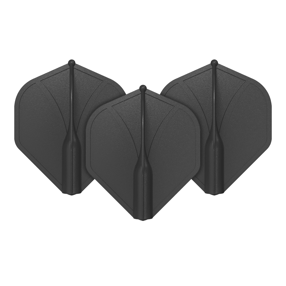 Shot Airfoil Moulded No2 Standard Flights Auf dem Bild sind drei schwarze Dart-Flights zu sehen. Sie stehen aufrecht nebeneinander und haben eine standardmäßige, geformte Flügelform.