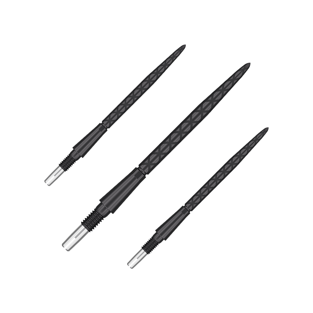 Target Swiss Storm Diamond Point Dartspitzen - Schwarz Auf dem Bild sind drei schwarze Dartspitzen mit Rautenmuster zu sehen. Sie sind parallel nebeneinander angeordnet.