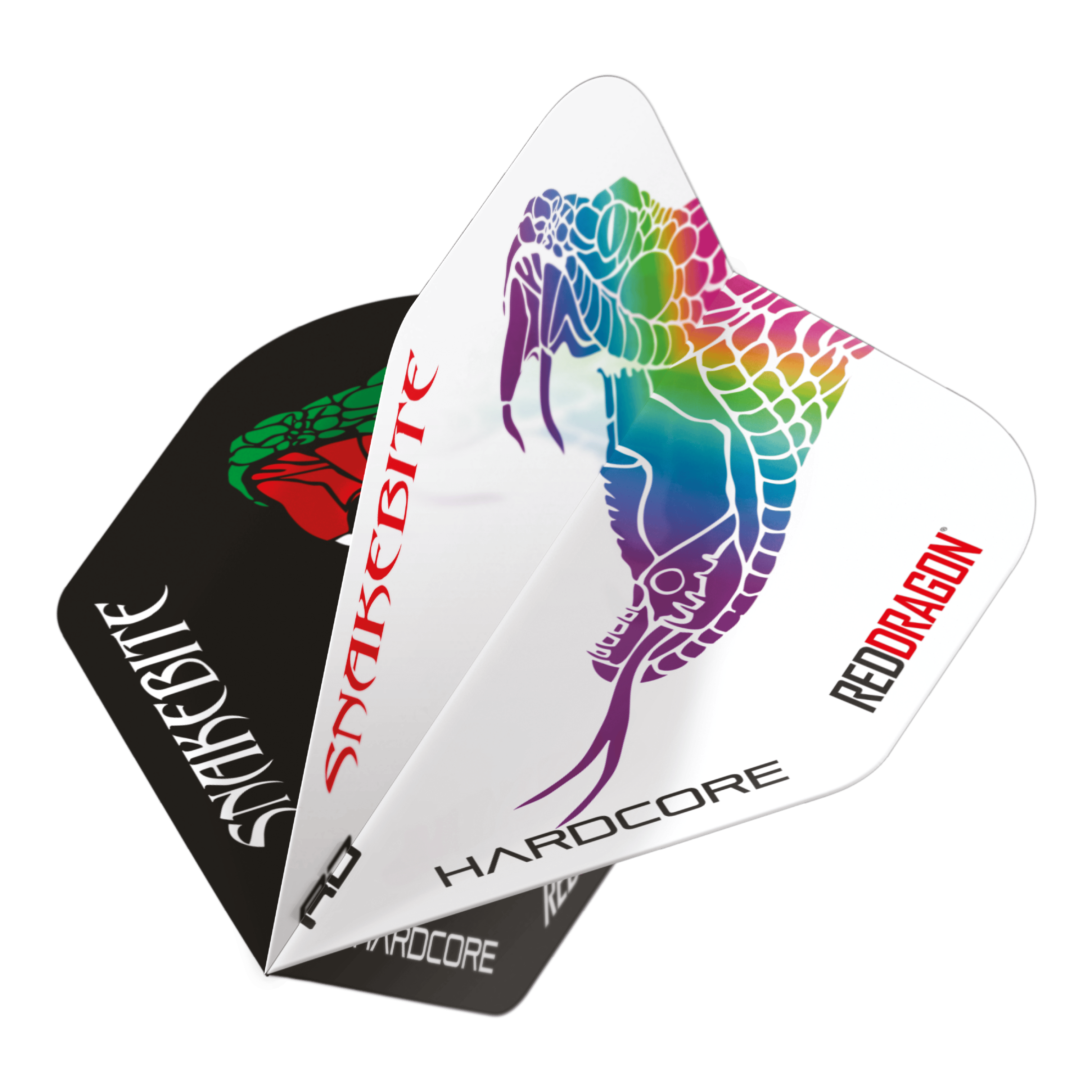 Das Bild zeigt die Red Dragon Peter Wright Snakebite Black White Yin Yang Standard Flights für Darts. Auf den Flights sind bunte Schlangenmotive und die Schriftzüge "Snakebite" und "Red Dragon" zu sehen.