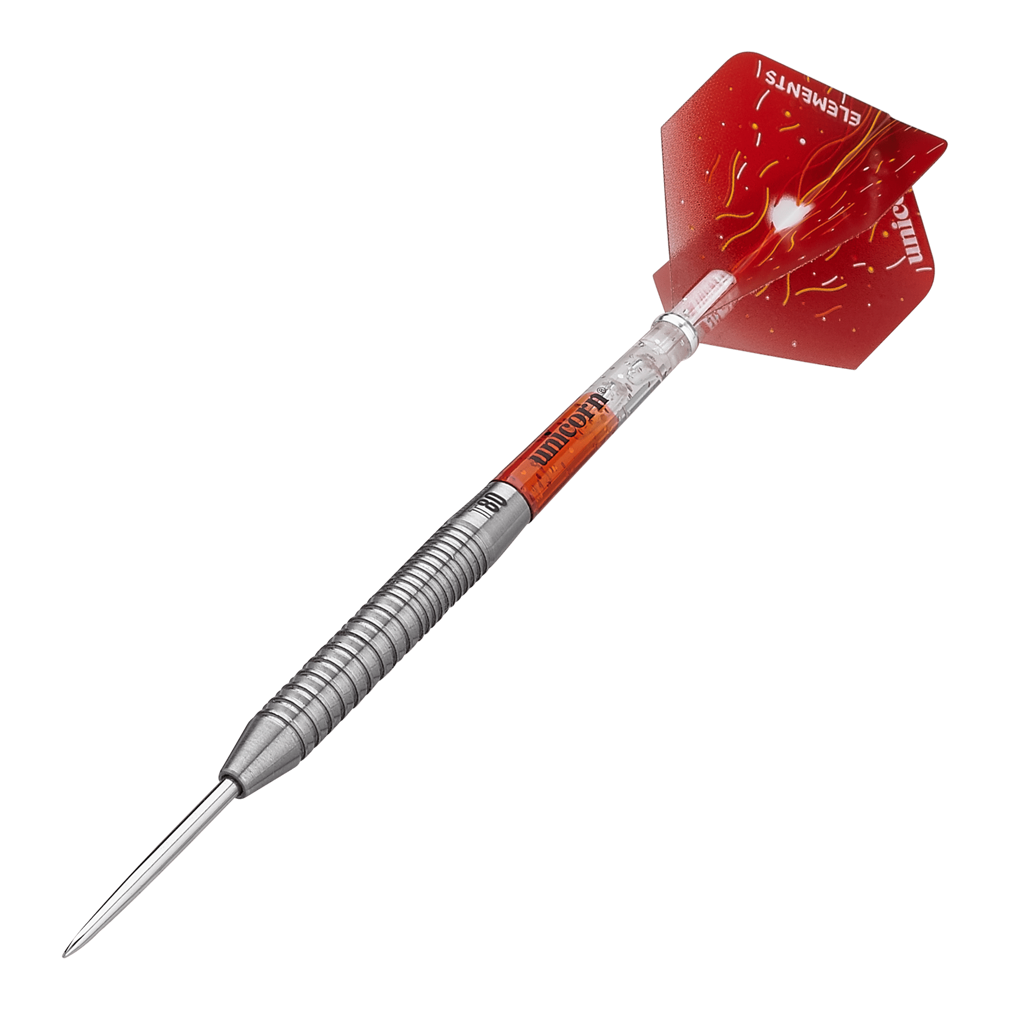 Das Bild zeigt einen Unicorn Core XL Striker Style 1 Steeldart mit 22g Gewicht. Der Dart hat einen silbernen, geriffelten Schaft und rote Flights mit einem Feuerdesign.