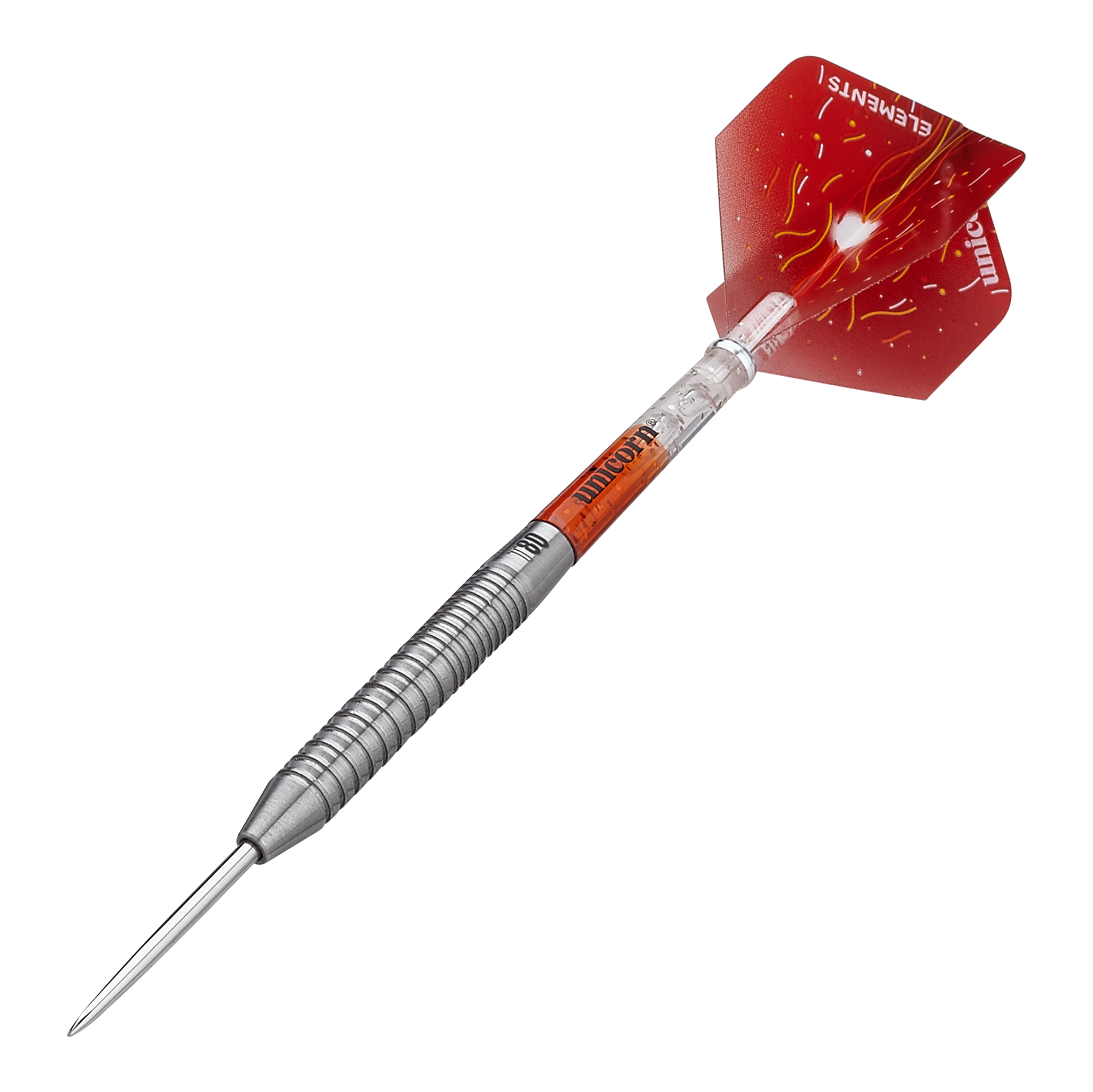 Unicorn Core XL Striker Style 1 Steeldarts - 22g Das Bild zeigt einen Unicorn Core XL Striker Style 1 Steeldart mit 22g Gewicht. Der Dart hat einen silbernen, geriffelten Schaft und rote Flights mit einem Feuerdesign.