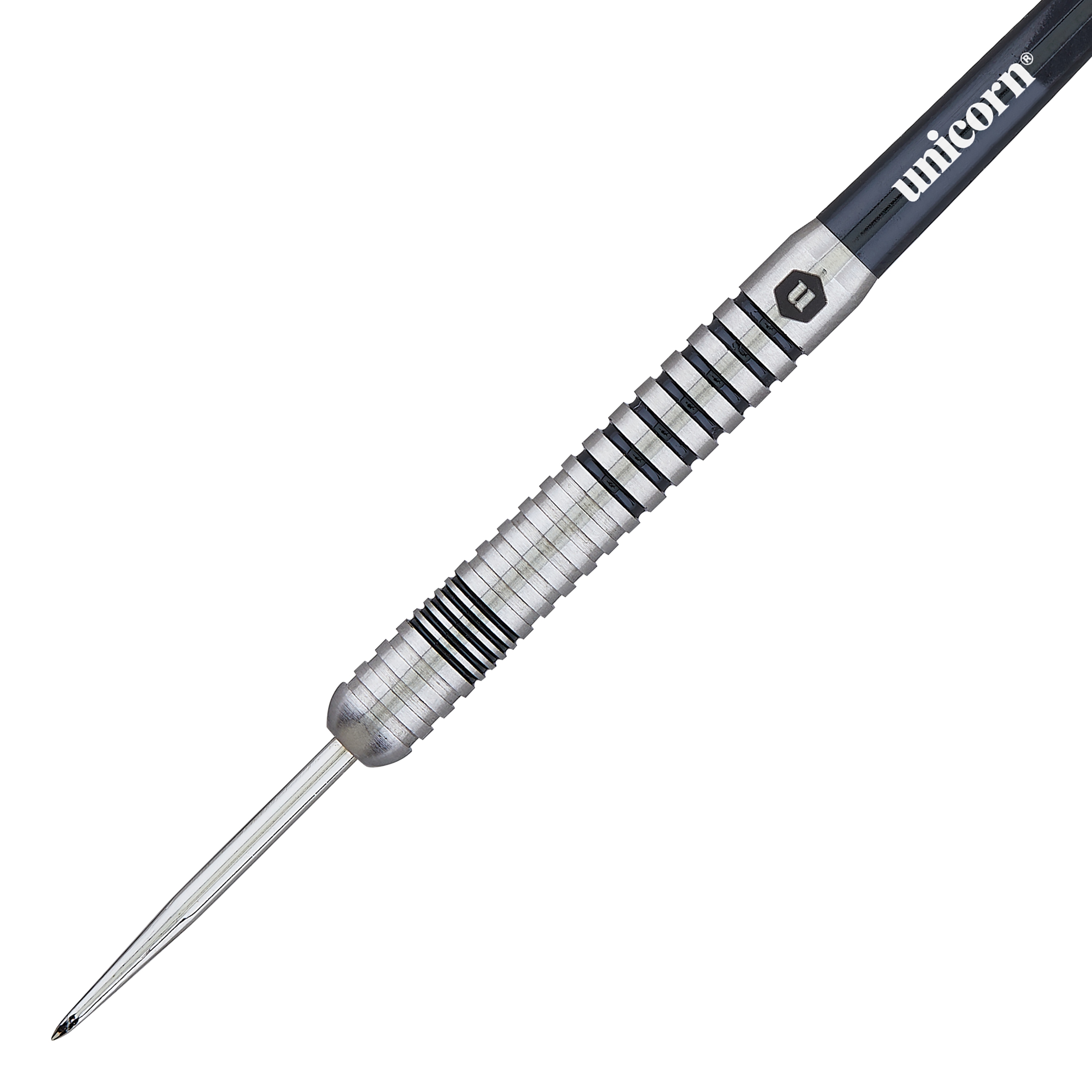 Auf dem Bild ist ein Unicorn Ross Smith Smudger Steeldart zu sehen. Der Dartpfeil besteht aus silbernem Metall mit schwarzen Ringen und dem Unicorn-Logo.