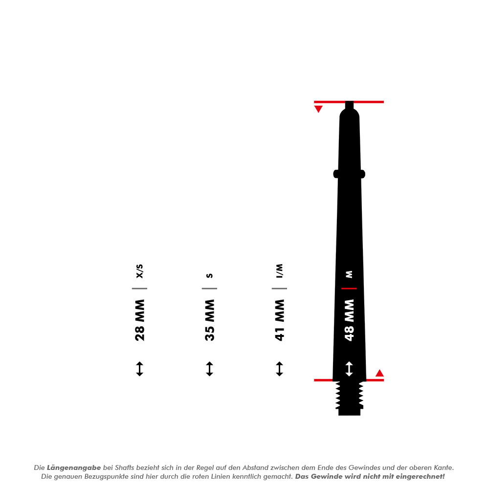 Das Bild zeigt verschiedene Längen der Bulls B-Grip-2 SL Shafts in Weiß, dargestellt in Millimetern. Die Längen der Shafts sind 28 mm (XS), 35 mm (S), 41 mm (M) und 48 mm (L).
