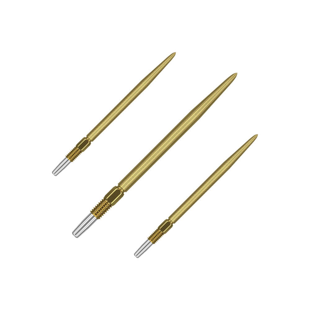 Target Swiss Point Nano Dartspitzen - Gold Auf dem Bild sind drei goldfarbene Dartspitzen zu sehen. Sie haben ein schlankes, geriffeltes Design mit silbernem Gewinde am Ende.