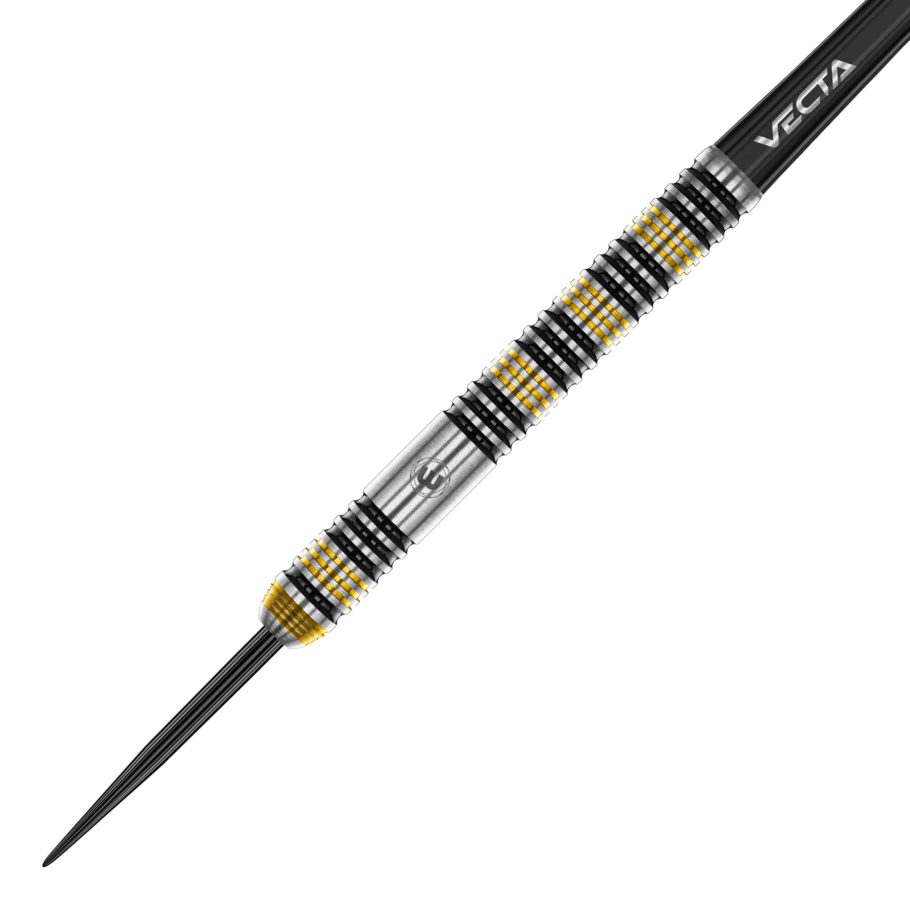 Das ist der Winmau Team 360 Nicholai Bado Steeldarts - 23g. Die Darstellung fokussiert sich auf das Design des Dartpfeils.