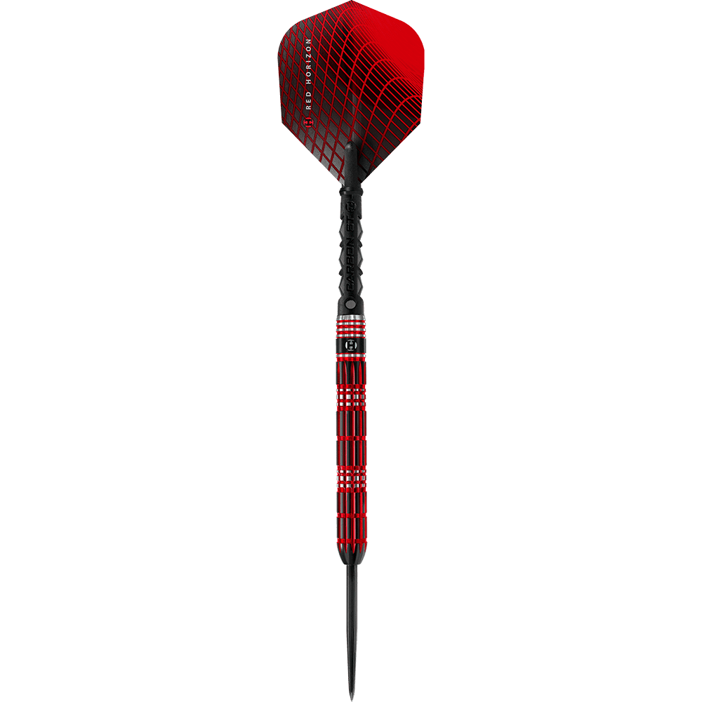 Auf dem Bild ist ein Steeldartpfeil mit rotem und schwarzem Design zu sehen. Die Spitze, der Schaft und das Flight zeigen ein modernes, geometrisches Muster.