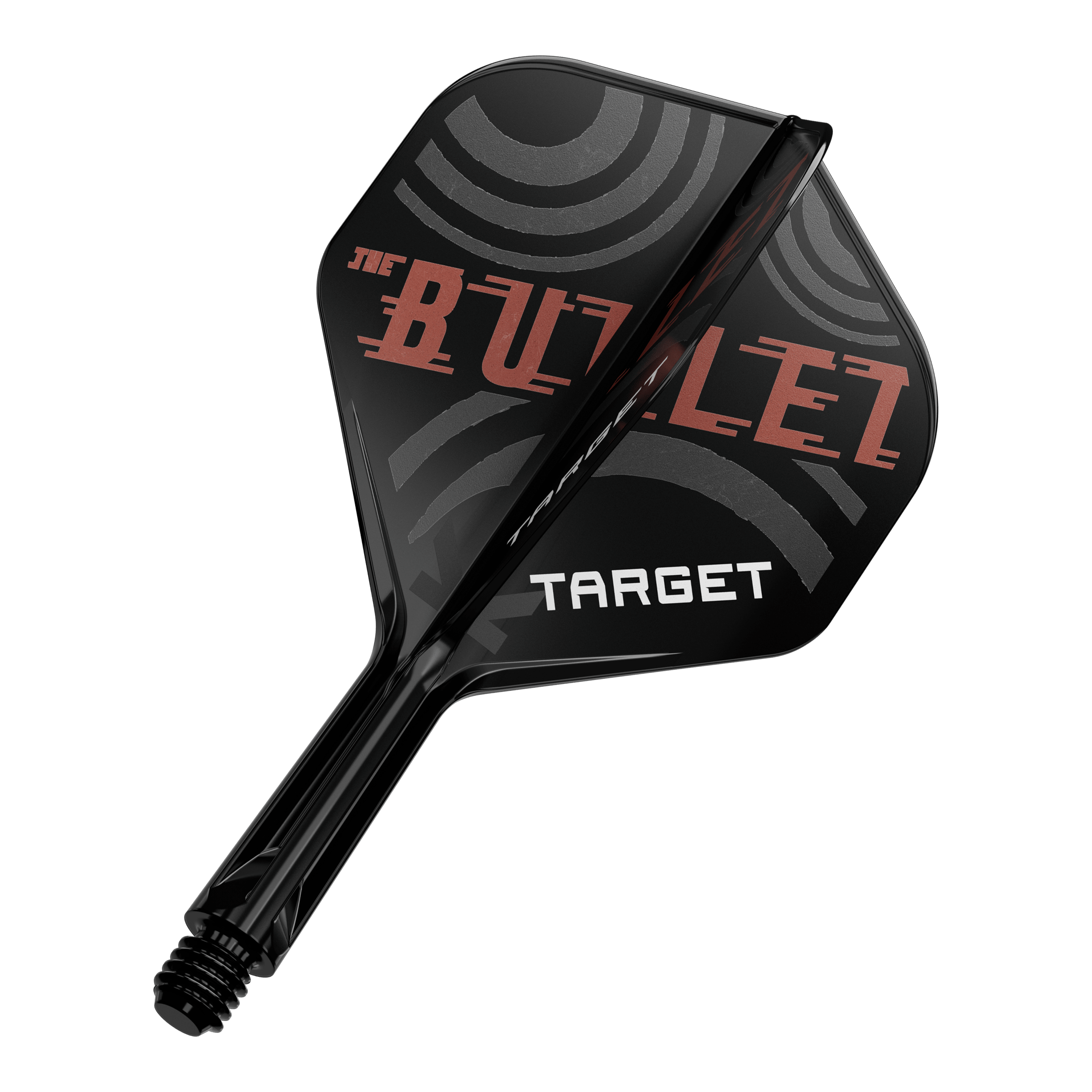 Target K-Flex Stephen Bunting No2 Standard Flight-Shaft-System Das Bild zeigt einen schwarzen Dartpfeil mit der Aufschrift „THE BULLET“ und „TARGET“ auf den Flügeln. Die Flügel haben ein modernes, kreisförmiges Design in Grau und Rot.