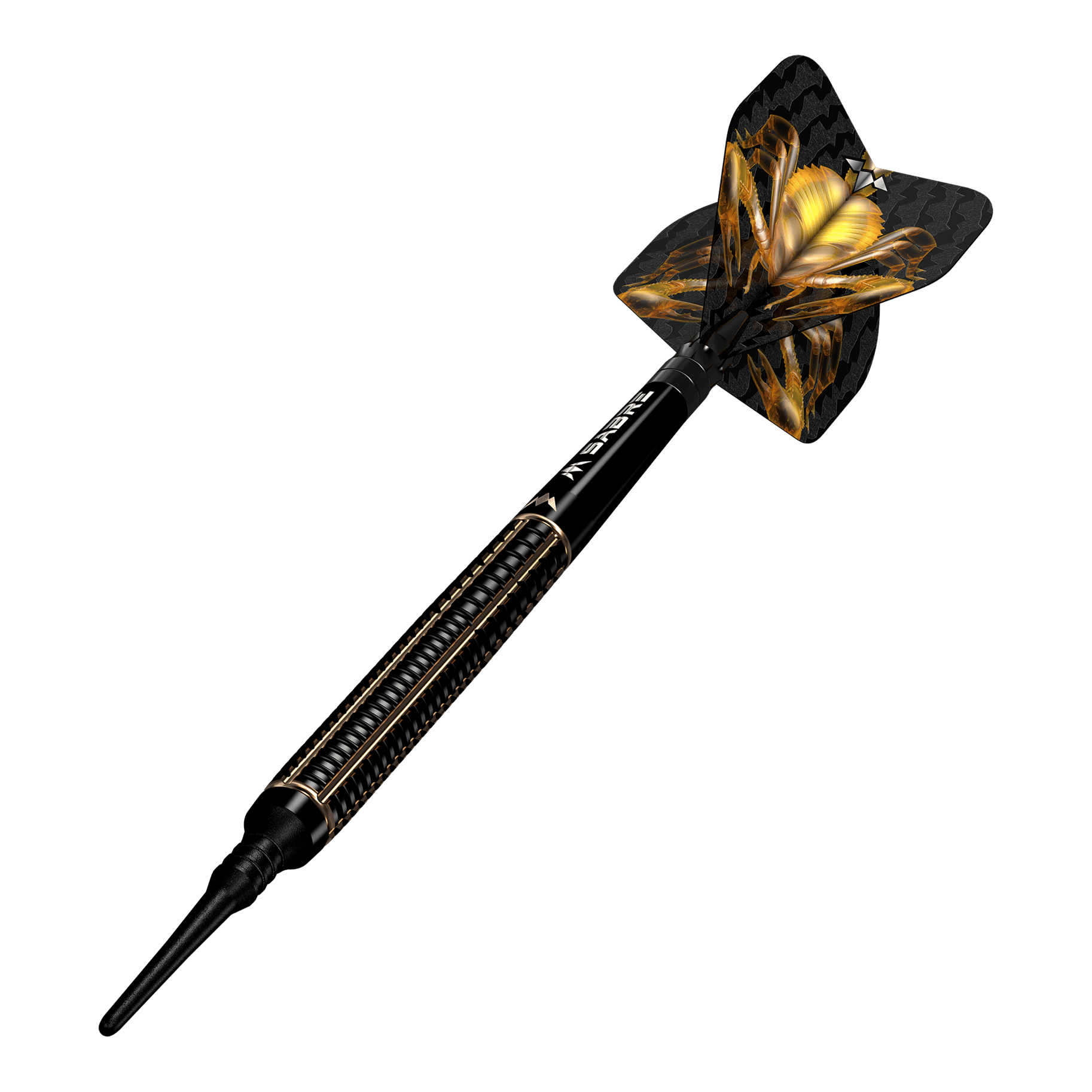 Das Bild zeigt einen Mission Scorpion Softdart mit einem Gewicht von 19 Gramm. Der Dartpfeil ist schwarz-gold gestaltet und hat ein auffälliges Flight-Design.