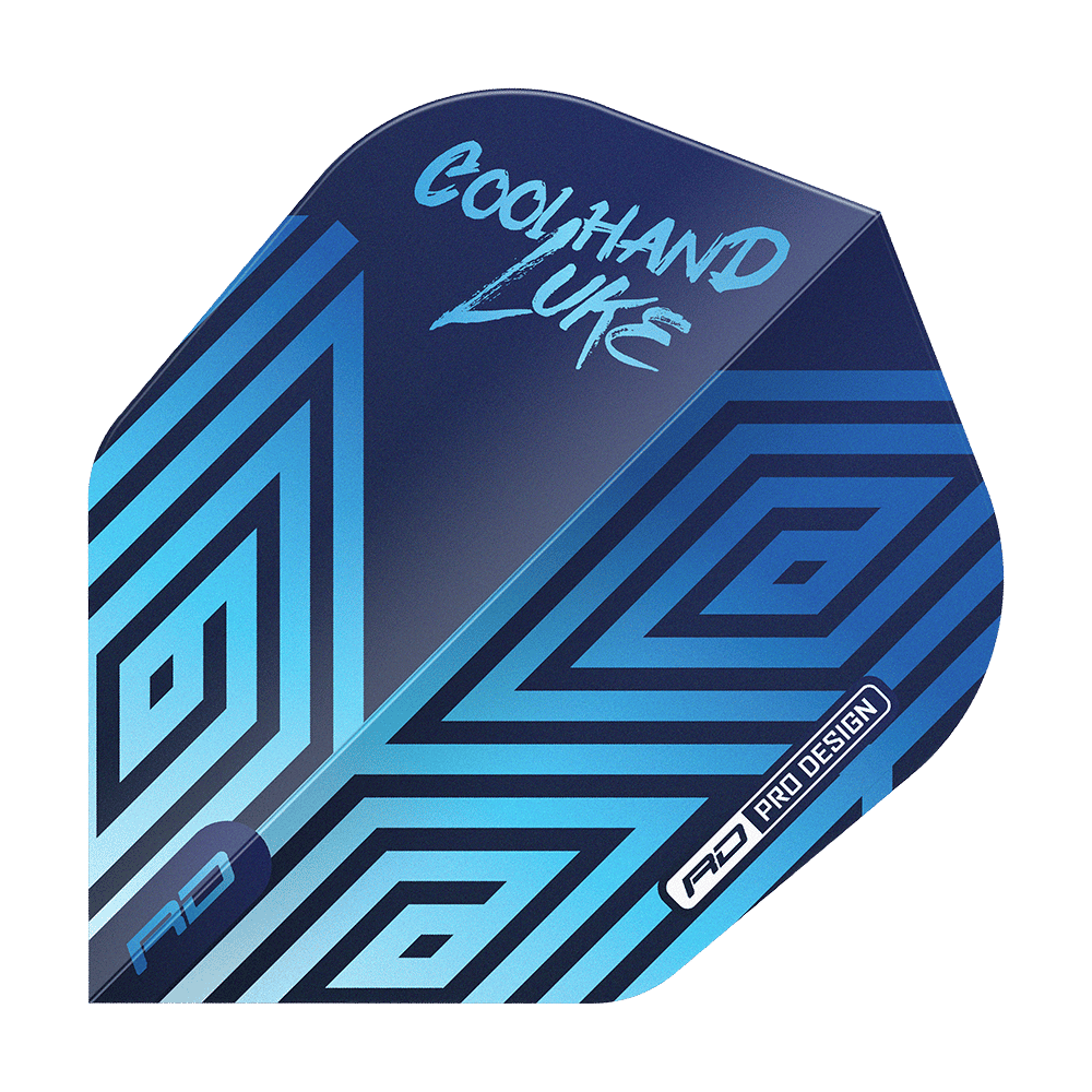 Das Bild zeigt ein Dart-Flight mit dem Aufdruck "Coolhand Luke" in blauer Schrift. Das Design ist überwiegend blau mit geometrischen Mustern und dem Schriftzug "RD Pro Design".