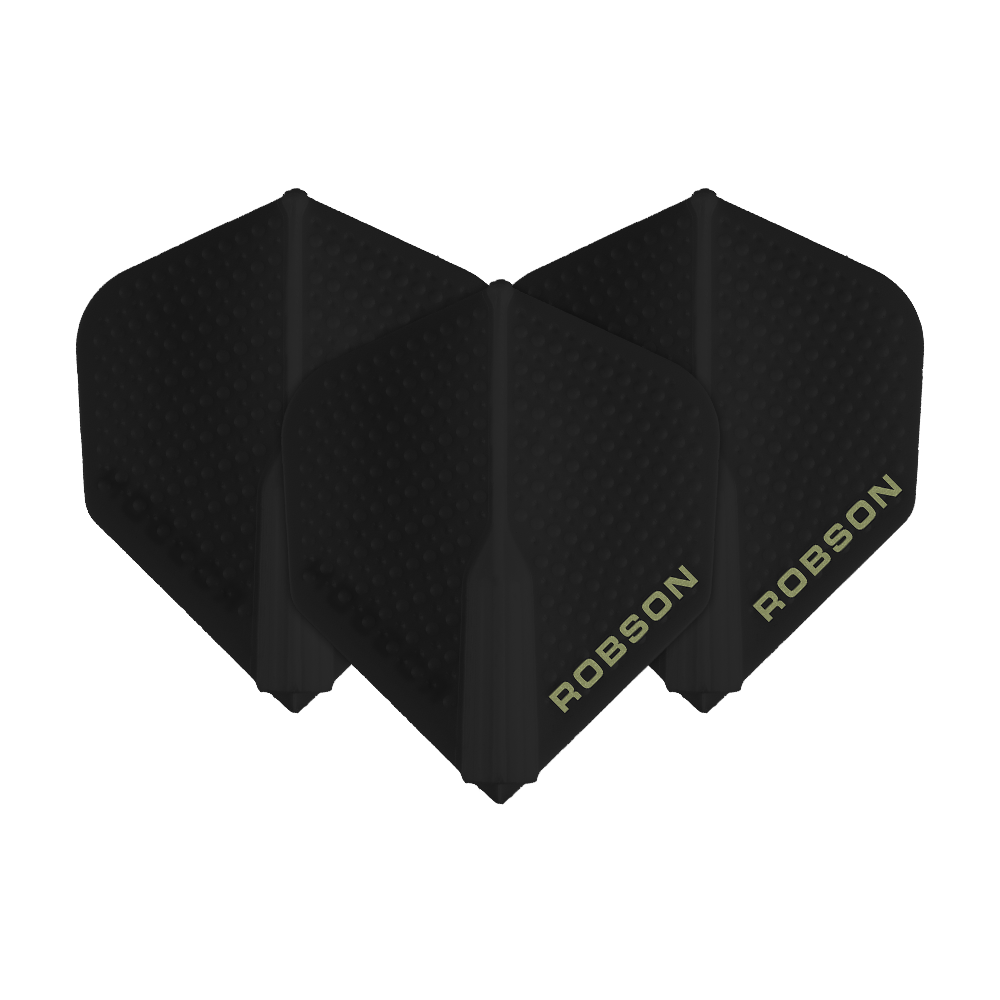 Robson Plus Dimple Flights - Schwarz Das Bild zeigt drei schwarze Robson Plus Dimple Flights für Dartpfeile. Auf den Flights steht der Schriftzug "ROBSON" in heller Farbe.