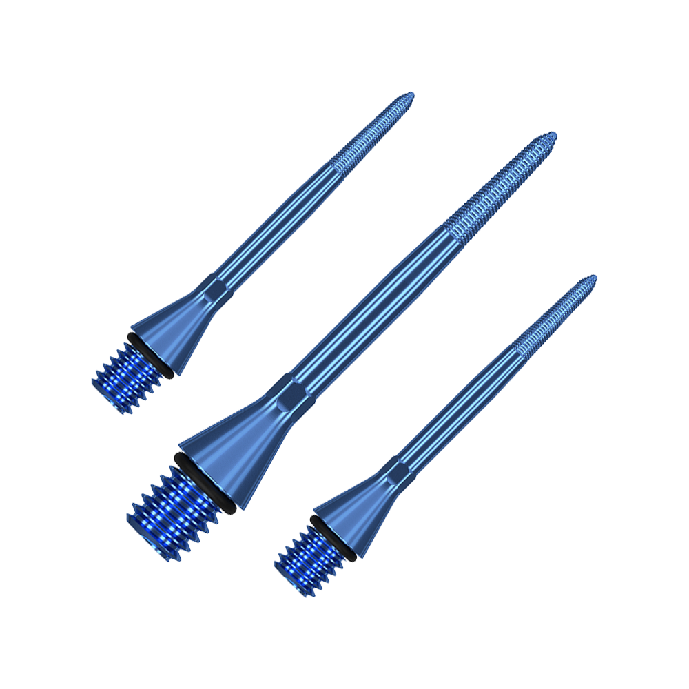Das Bild zeigt drei blaue, metallische Dartspitzen mit Schraubgewinde. Sie sind nebeneinander angeordnet und haben eine schlanke, spitze Form.