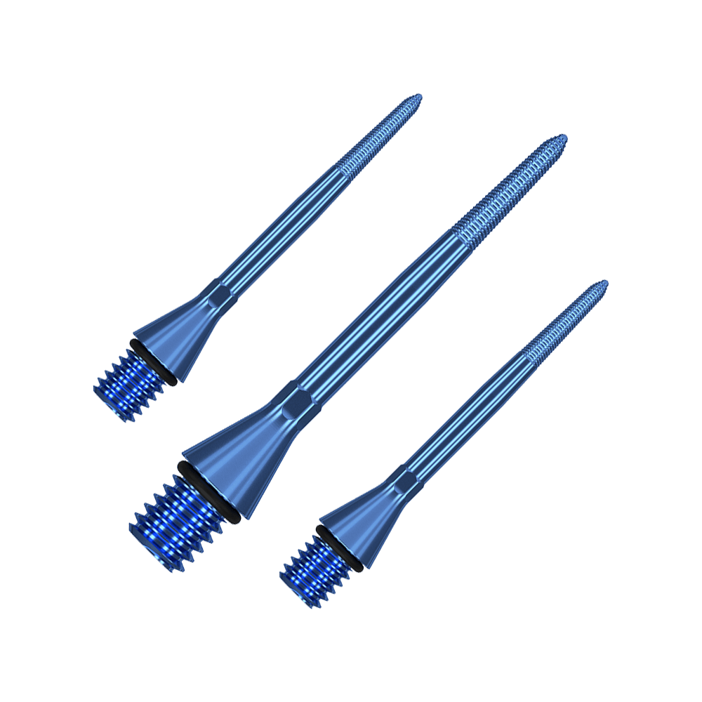 380165_Target_Titanium_Swiss_Point_Nano_Conversion_Points_Blau_30mm_1 Das Bild zeigt drei blaue, metallische Dartspitzen mit Schraubgewinde. Sie sind nebeneinander angeordnet und haben eine schlanke, spitze Form.