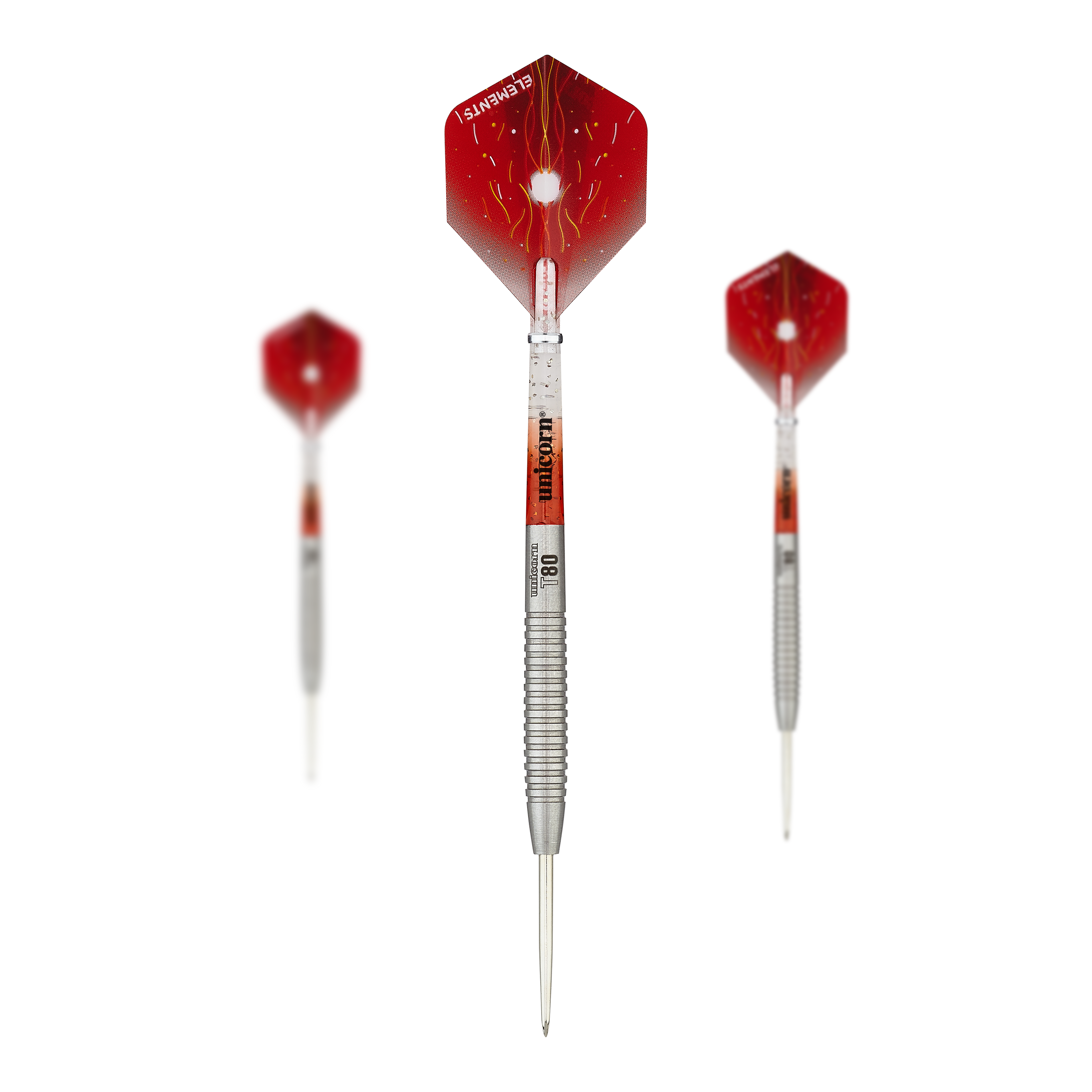 Das Bild zeigt drei Steeldarts des Modells "Unicorn Core XL Striker Style 2" mit 23g Gewicht. Die Darts haben silberne Schäfte und rote Flights mit einem auffälligen Design.