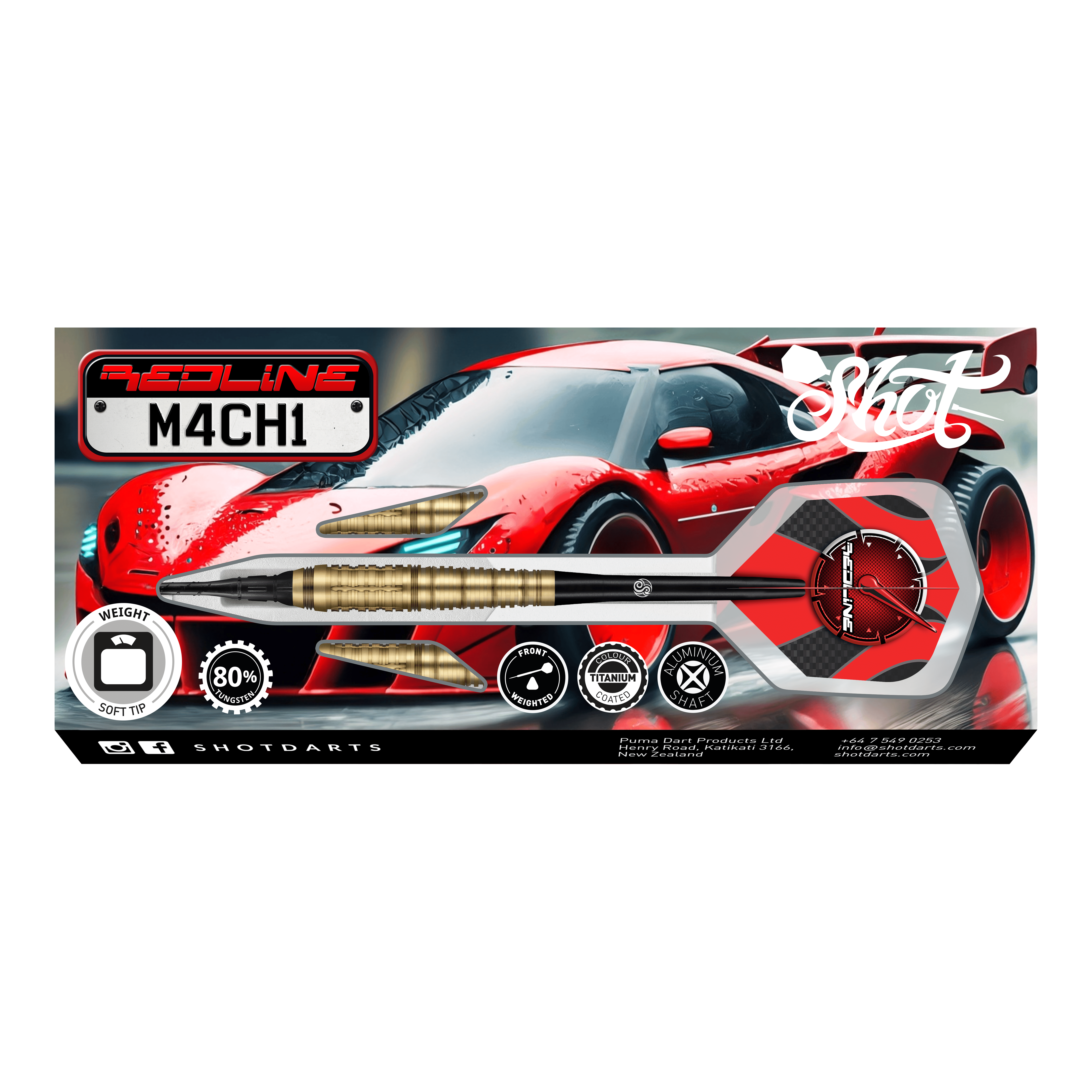 Das Bild zeigt die Verpackung der "Shot Redline Mach 1 Softdarts - 20g". Auf der Packung ist ein roter Sportwagen zusammen mit einem abgebildeten Softdart-Pfeil zu sehen.